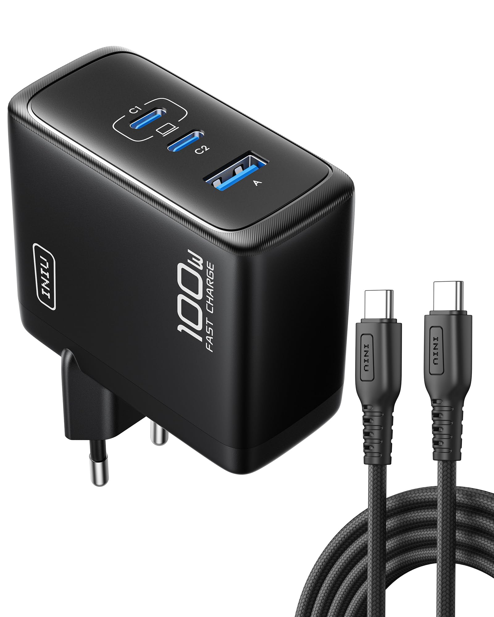 INIU 100W USB C Caricatore, GaN Multiplo Presa USBC Caricabatterie, Alimentatore Rapido Compatto con Cavo per MacBook Pro Air iPad, iPhone 17 16 15 Pro Max, Samsung S25 S24 Ultra, Switch 2, Xiaomi 15
