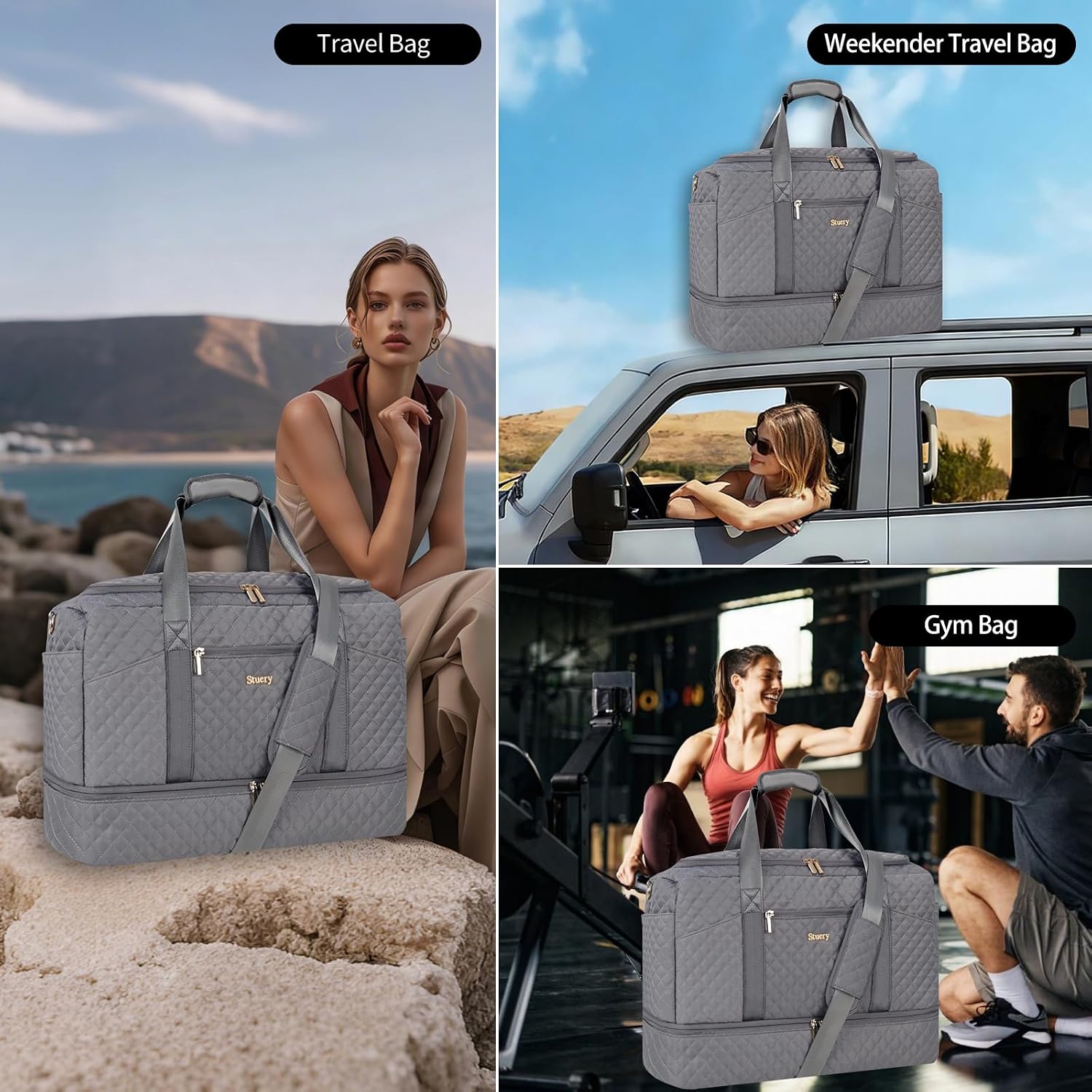 Stuery Weekender Bags for Women with Toiletry Bags: Large Overnight Bags Travel Duffel Bag Carry On Shoulder Weekend Tote with Shoe Compartment and Wet Pocket for Girls Airplane Traveling,Gray