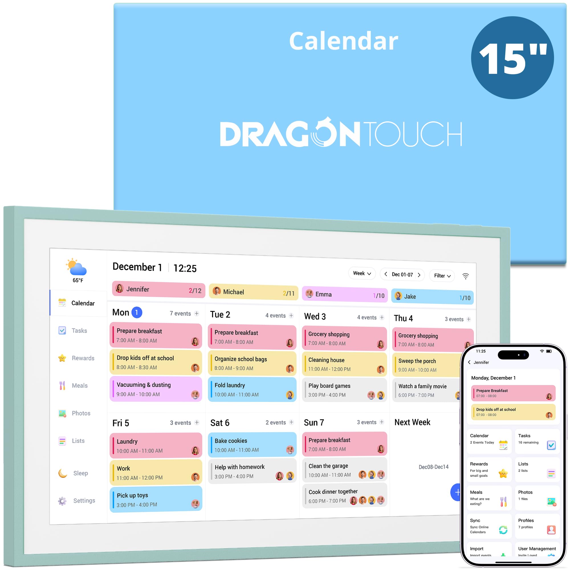 Dragon Touch 15.6 inch Digital Calendar &amp; Chore Chart - Interactive Touchscreen Smart Family Planner,Digital Picture Frame for Mom, Women, Christmas &amp; Weddings Green