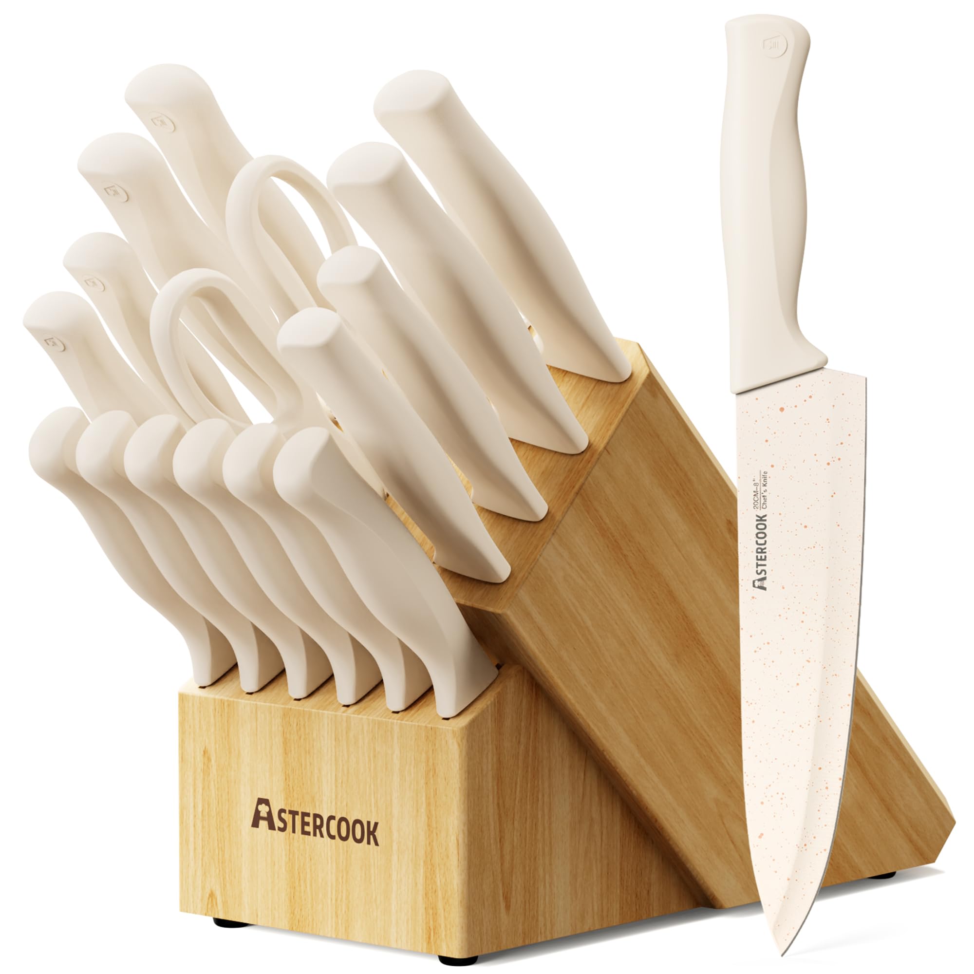 astercook knife set, 17 pieces kitchen knife sets with anti-rust coating & built-in sharpener, high carbon german stainless steel knives block sets, dishwasher safe, great holiday gifts for kitchen