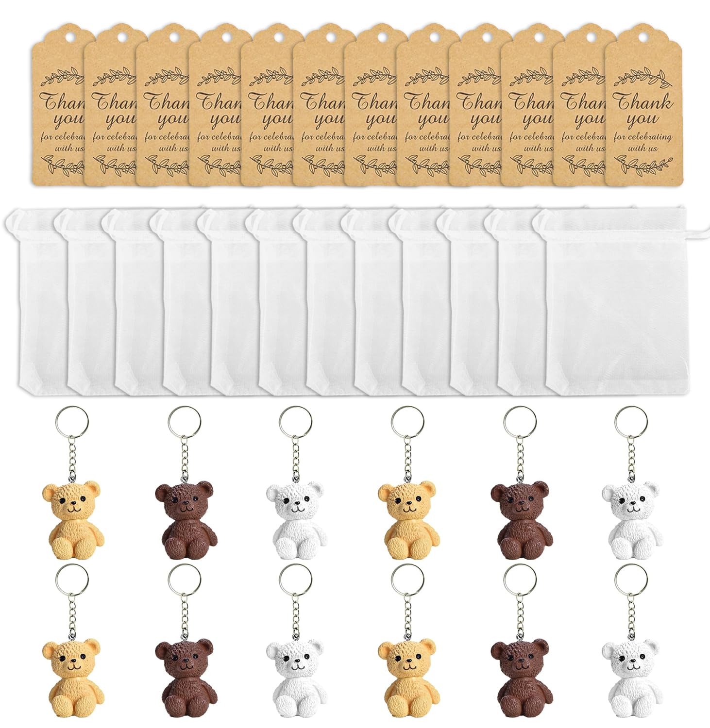 BANBALLON 12 Set Bear Party Favor Bear Keychains with Organza Bags Thank You Tags For Baby Shower Bear Theme Party Return Favors Supplies