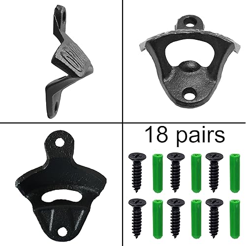 Miniatura 6 de 18 paquetes de abrebotellas de cerveza de hierro fundido negro montado en la pared abridor de tapas de botellas de hierro abierto aquí a granel