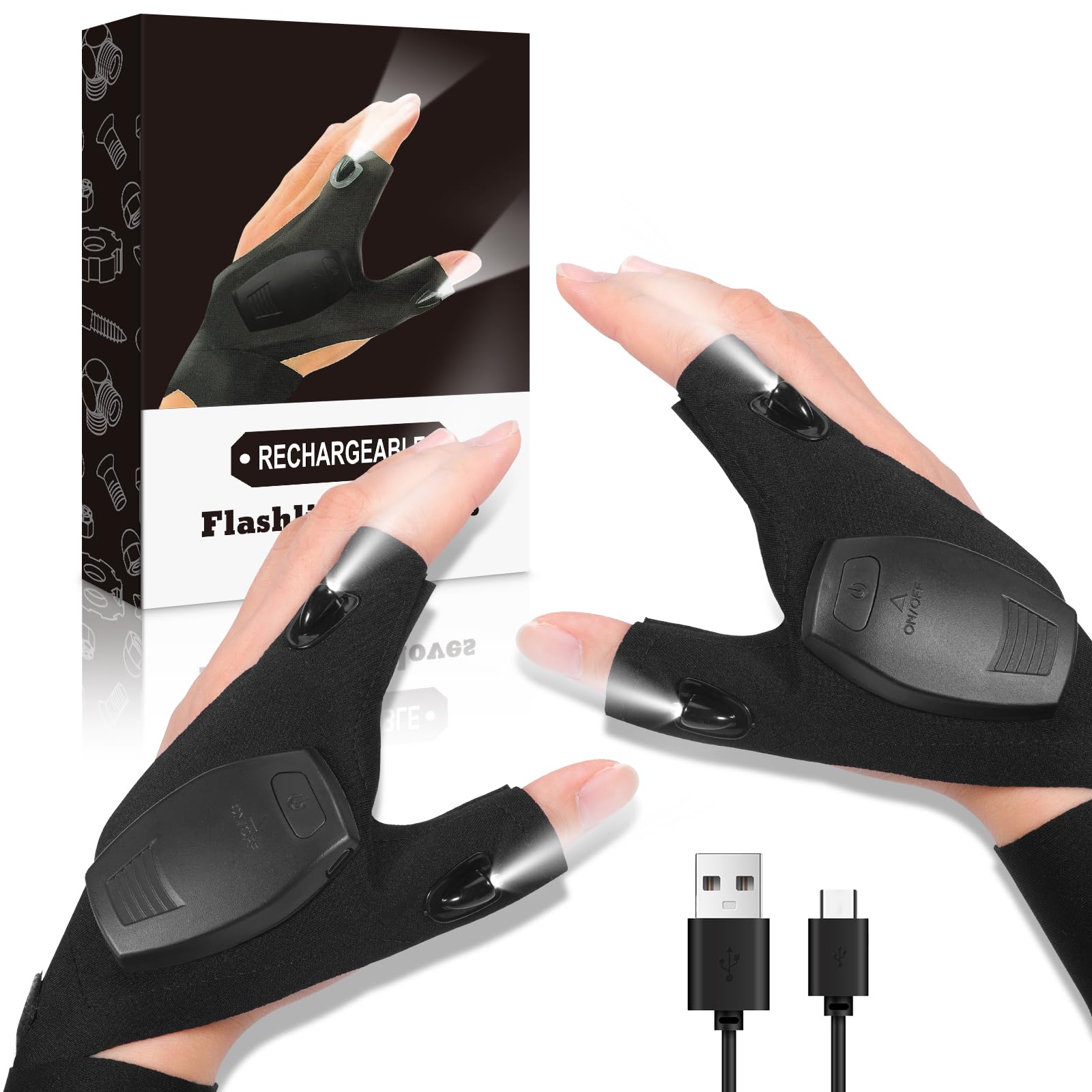 2X Gant Lumiere Mecanique, Gants de Pêche, Lumineux LED Adulte, Cadeau de Noël, Rechargeable Pêche Cadeau Pecheur pour Hommes, pour la Réparations et Le Travail