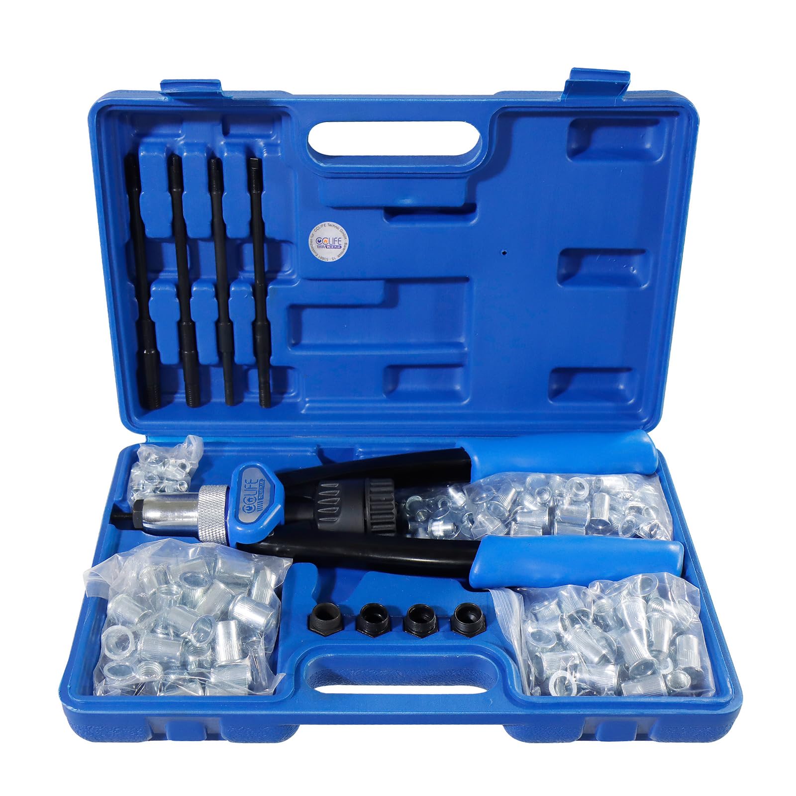 CCLIFE Rivettatrice Manuale per Inserti Filettati, Set con Mandrini M5 M6 M8 M10 M12 e 150 Dadi per Rivetti in Acciaio Inossidabile