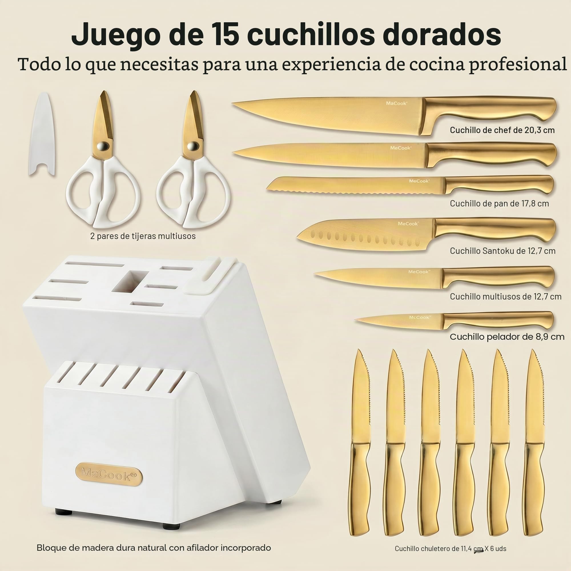 McCook® - Juego de 15 Cuchillos de Cocina de Acero Inoxidable con Titanio Dorado y Afilador Integrado