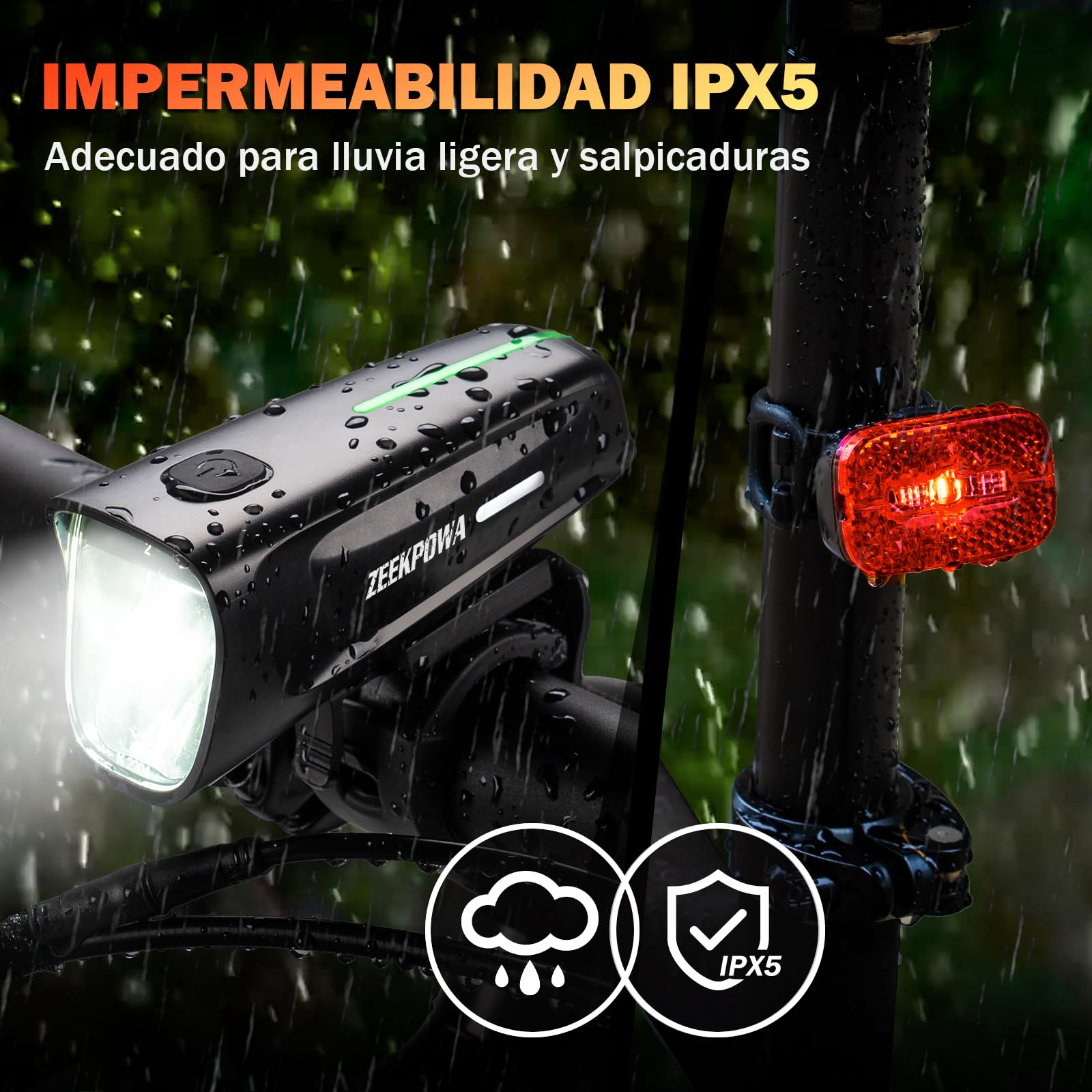 Juego de luces para bicicleta (100 lux, StVZO, batería USB-C, luz delantera + luz trasera con función de luz de freno, resistente al agua IPX5, para desplazamientos y conducción nocturna)