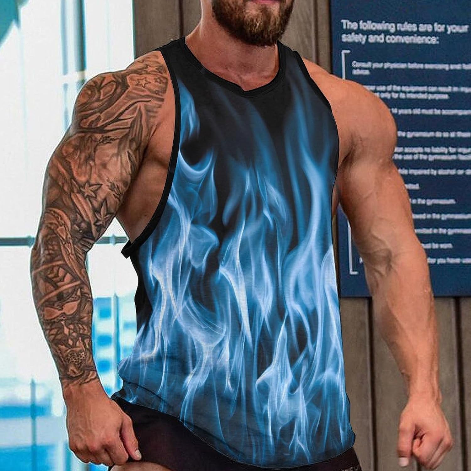 Blue Fire Men Tank Top Workout Shirt Muscle T Shirt 5XL