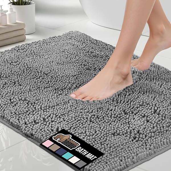 GORILLA GRIP Bath Rug Mat, Thick Soft Absorbent Chenille, Quick Dry Microfiber Mats, Rubber Backing Washable Shower Floor Rugs, Bathmat Runner, US Designed Bathroom Home Decor Accessories 24x17, Grey