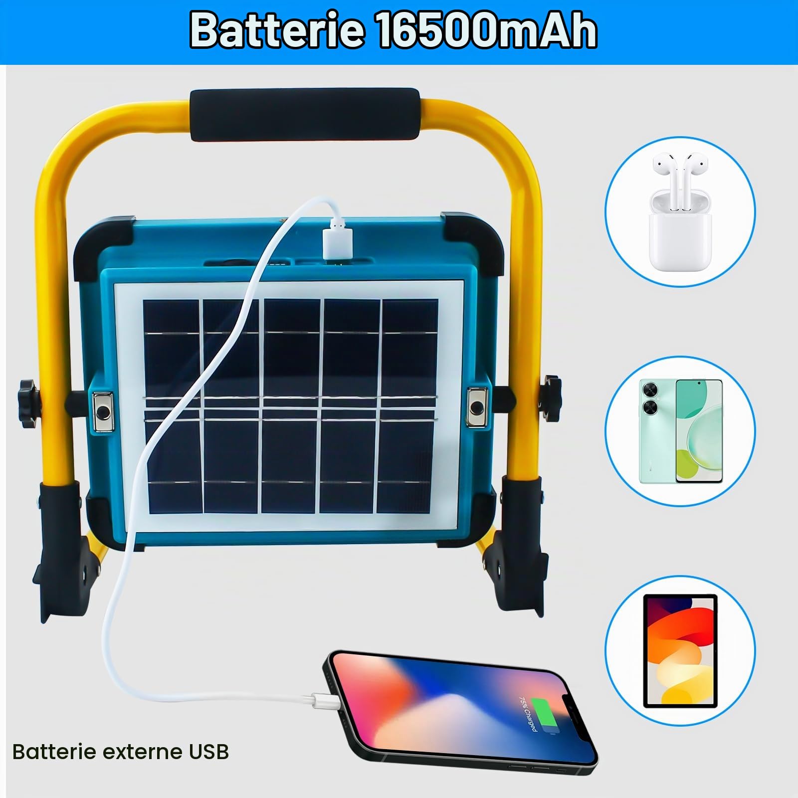 100W Projecteur LED Rechargeable,Projecteur Chantier Rechargeable avec Support et Batterie 16500mAh, Type-C et Solaire Rechargeable, 4 Modes d'éclairage pour Camping, Travail, Pêche