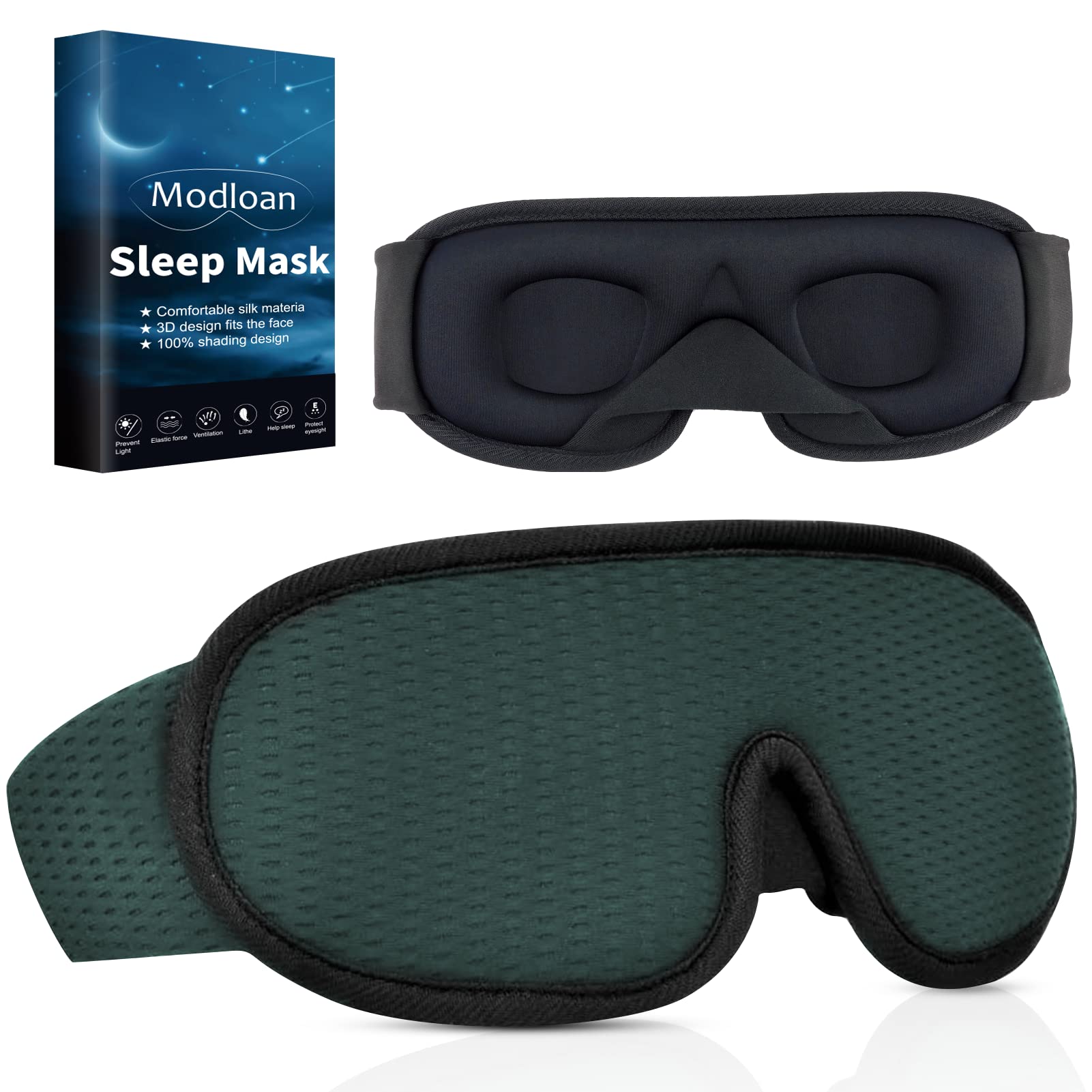 Sleep Mask Eye Mask Sleeping, 3D No Wing Design Sleeping Mask with Breathable Mesh Super Soft Silk Sleep Masks for Women and Man Natural Cotton Filled Blackout Blindfold-Green