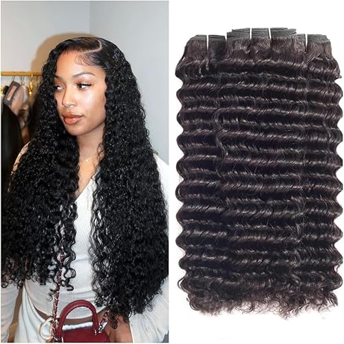 Bundles Human Hair Deep Wave 18 20 22 Inch Deep Curly Bundles Human Hair Extensions 12A Grade 100% Unprocessed Brazilian Virgin Hair Wet and Wavy Quick Weave Double Weft Bundles Natural Color
