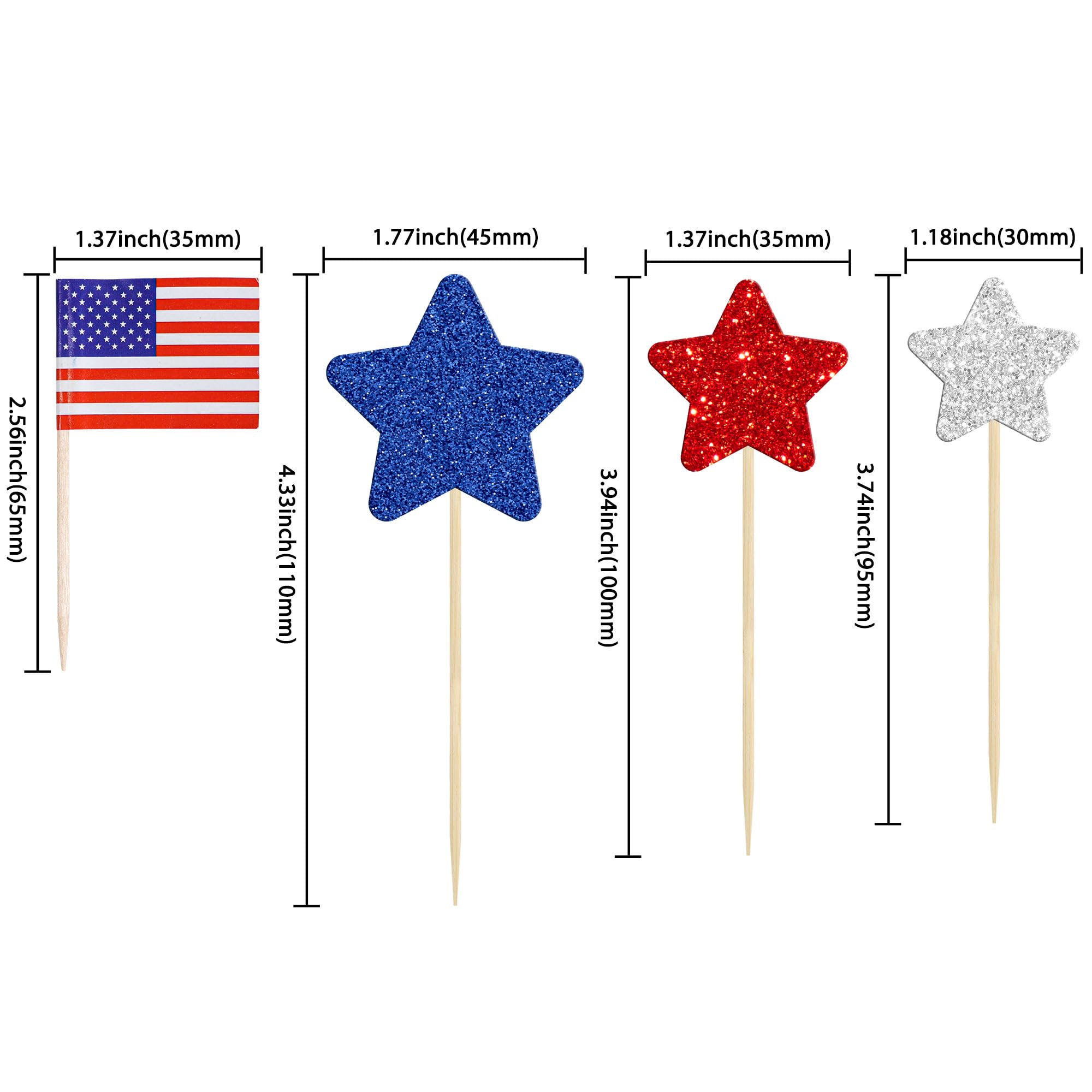 Gyufise 136Pcs American Flag Patriotic Cupcake Toppers 4th of July Double Sides Glitter Star Cupcake Toppers Cake Toppers Picks Independence Day Cupcake Party Decorations Supplies Favors