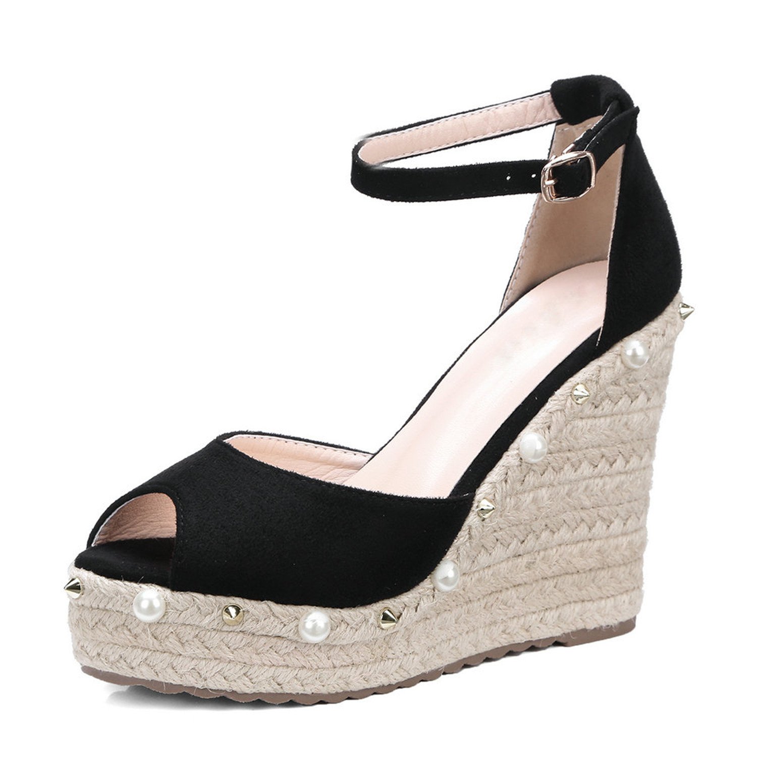 Twinkle UU Wedge Sandals Pearl Woman High Heels Sandals Summer Shoes Woman Ankle Strap Black Apricot Ladies