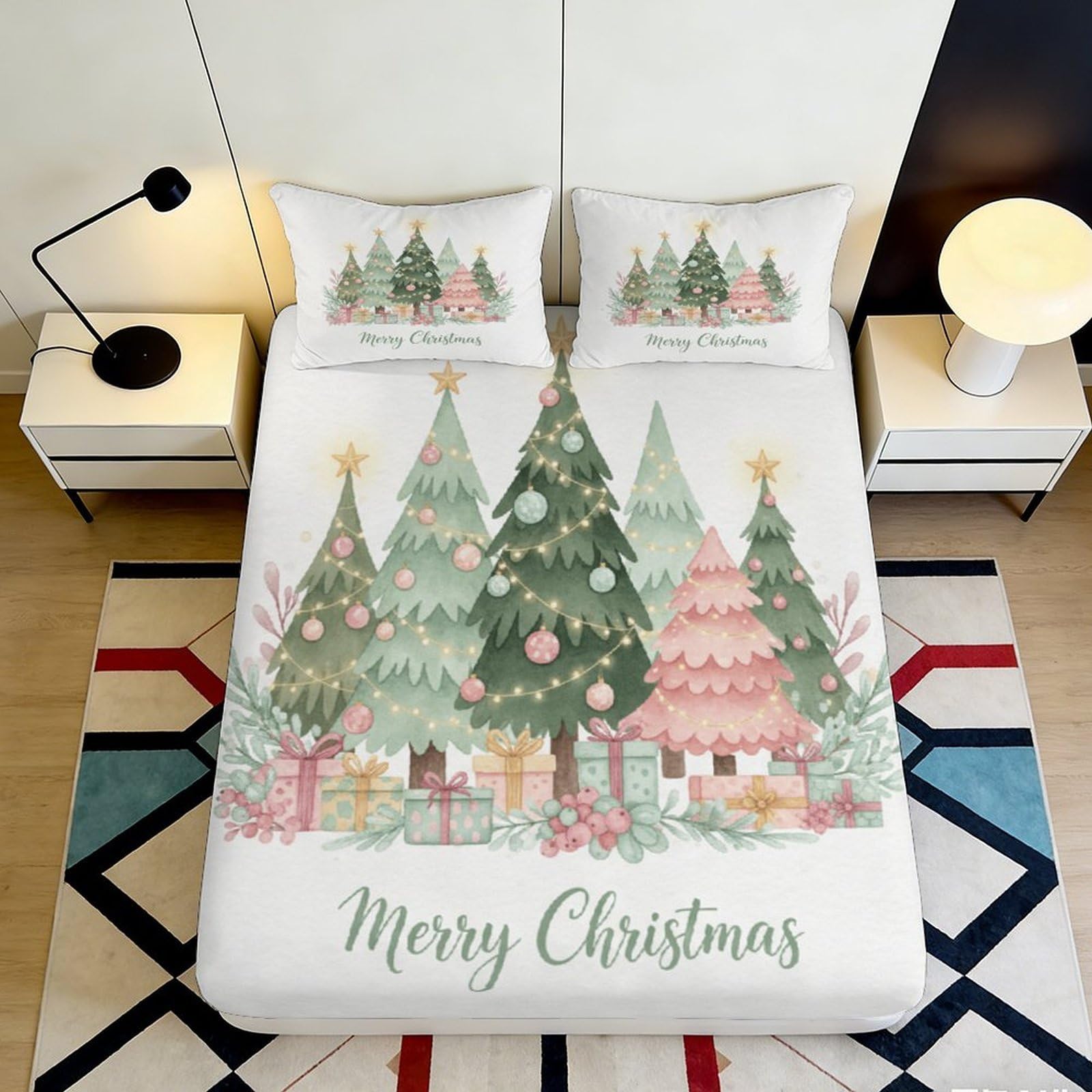 3D Printed Christmas Trees Fitted Sheet Microfiber Soft Breathable Holiday Bed Cover for Bedroom Dormitory Guest Room Mattress Protection 200x200x25cm