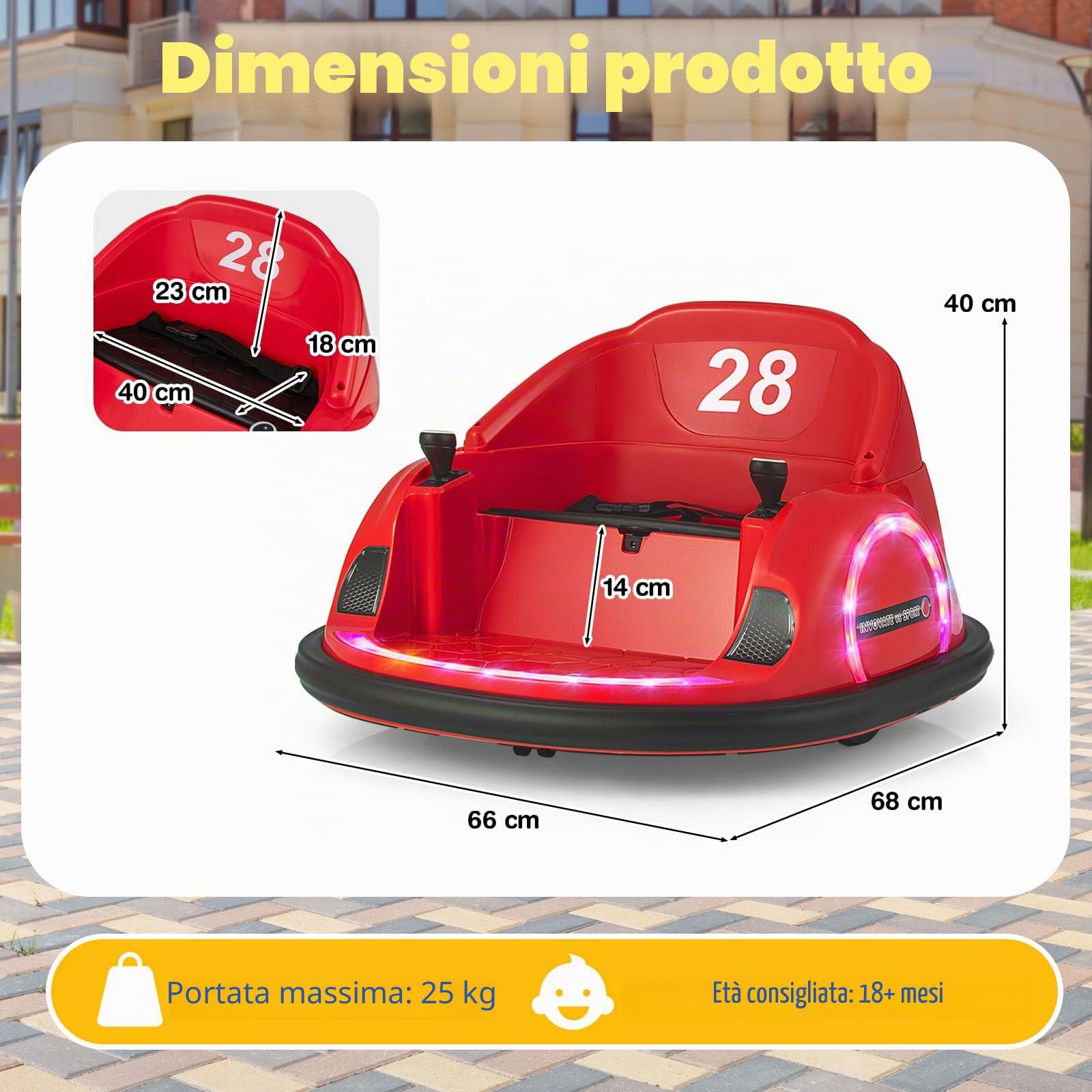 SOARS Autoscontro Elettrico per Bambini 6V, Macchina Elettrica per Bambini Rotante a 360°, Telecomando 2,4G, 2 Modalità di Controllo, Clacson e Musica, Carico 25 KG, 18 Mesi+ (Rosso)