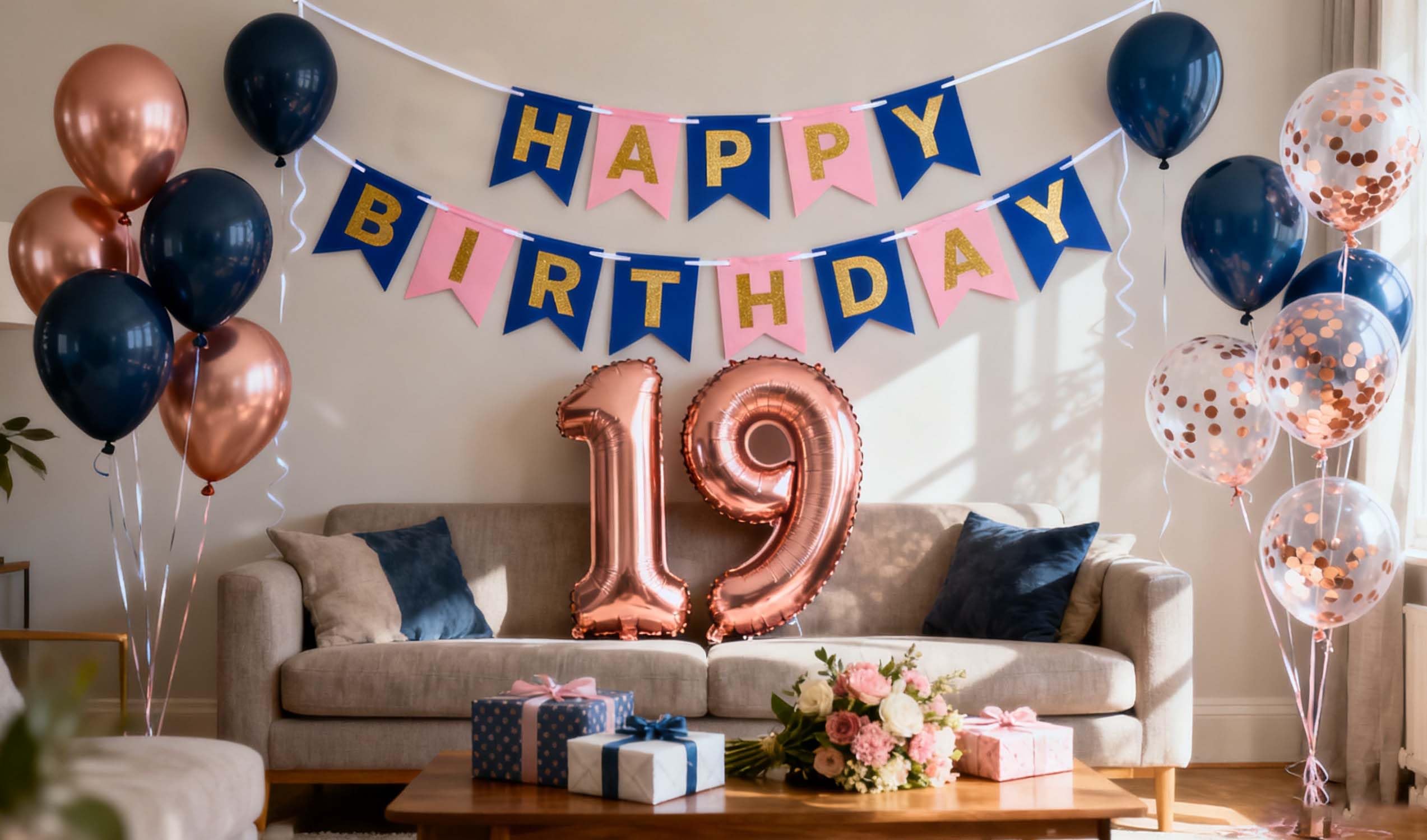 19th Birthday Party Decorations Navy Blue Rose Gold for Girls Boys, Birthday Banner Number 19 Foil Balloons Latex Confetti Balloon for Her Him