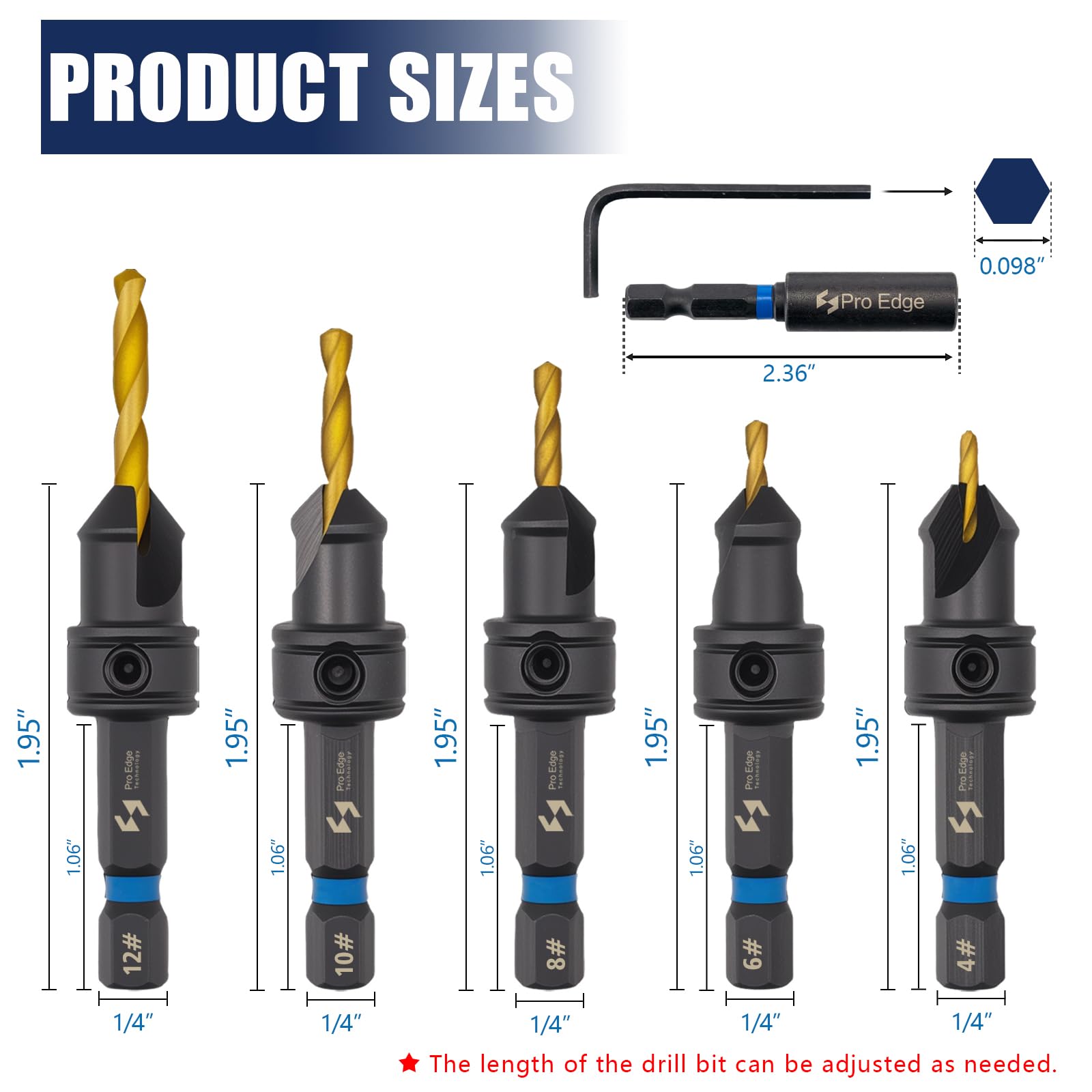 Pro Edge - Juego de 12 brocas avellanadas #4, #6, #8, #10, #12 con 5 brocas de madera HSS para reemplazo y soporte magnético de brocas de extensión y llave hexagonal, profundidad ajustable, agujero