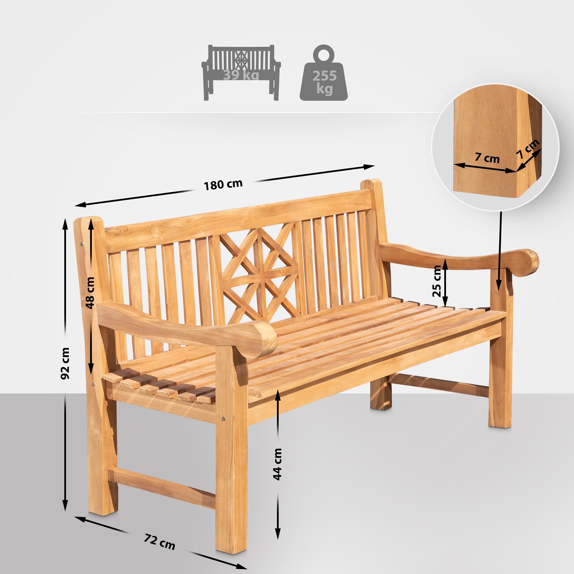 CLP Panca da Giardino in Teak Florida I Panca con Seduta ergonomica in Legno Massiccio I Altezza della Seduta: 44 CM, Colore:Teak, Dimensione:180 cm