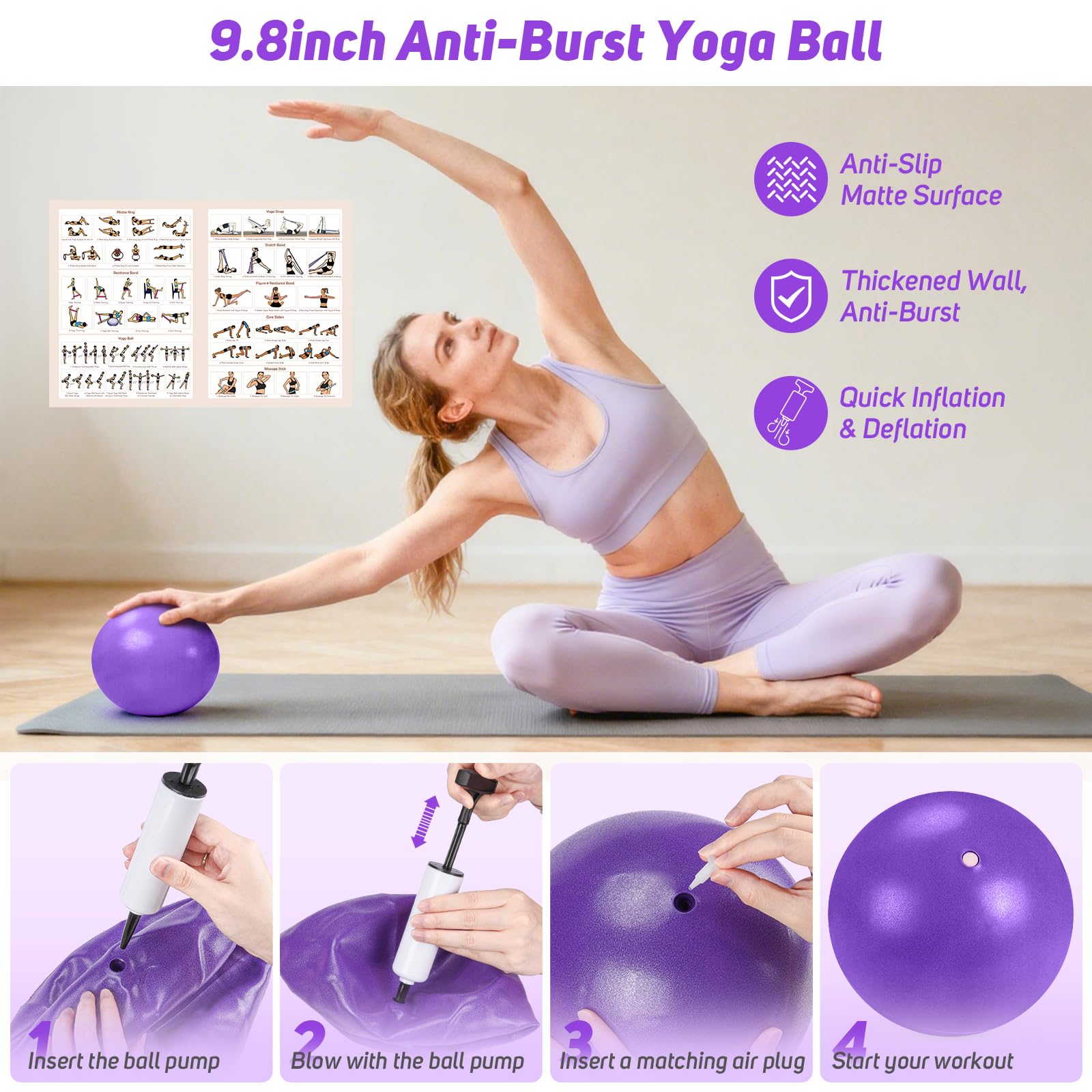Asten Kit de pilates à domicile pour femme : équipement de Pilates, anneau et balle de Pilates avec bandes de résistance, curseur de base, rouleau en mousse, kit essentiel de pilates pour entraînement