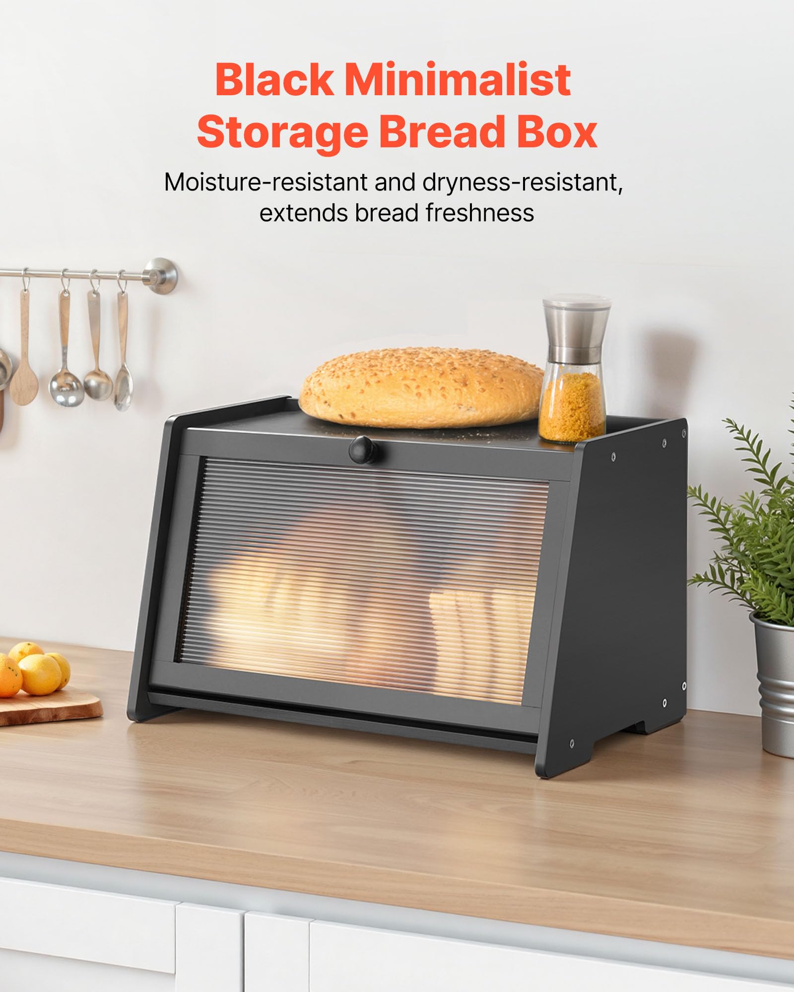 VEVOR Contenitore per Pane da Cucina 420 x 250 x 260 mm Contenitore per Pagnotta in Legno di Bambù per Pane Fatto in Casa, con Pannello Porta in Acrilico Ondulato, Forma di Trapezoidale, Nero