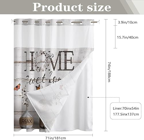Miniatura 3 de Cortina de ducha rústica sin gancho con forro a presión, decoración rústica de baño de flores de algodón con tela impermeable, cortinas de ducha