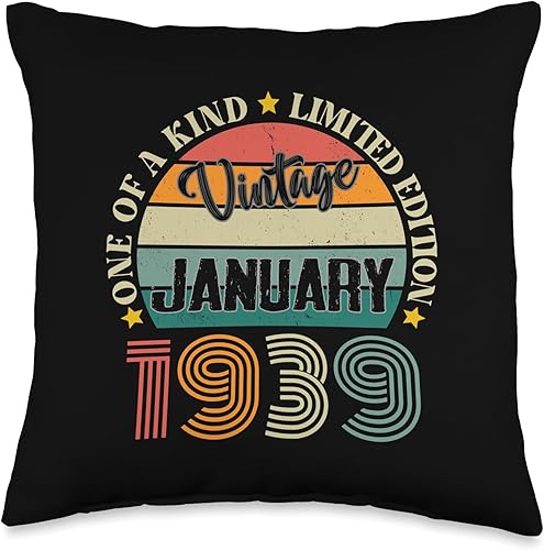 Vintage Birthday Retro Limited Edition Retro Gifts 85 Year Old Vintage January 1939 85th Birthday Retro Throw Pillow, 16x16, Multicolor