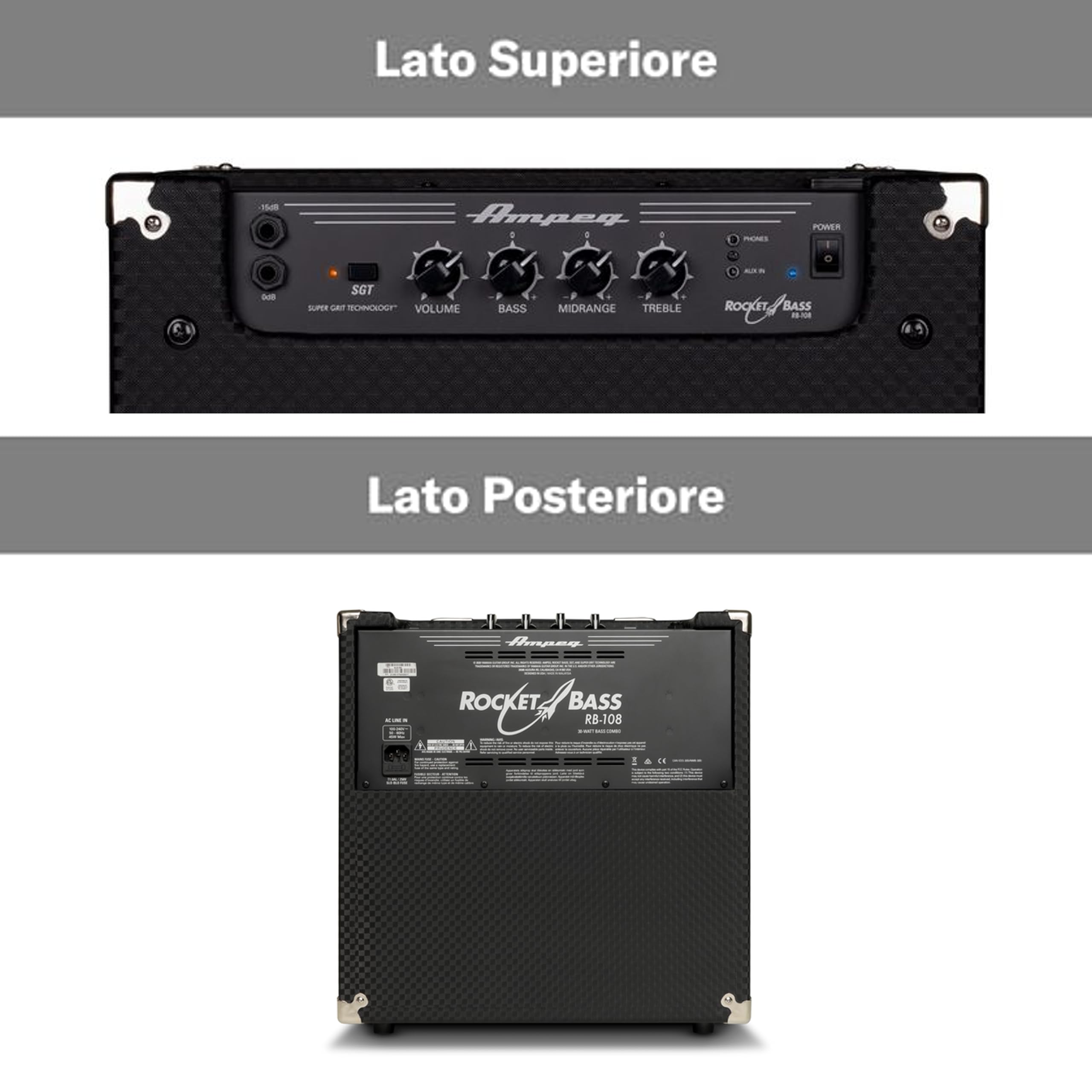 AMPEG RB-108 Combo Basso 30W Amplificatore da Studio con Preamp SGT Overdrive EQ 3 Bande Nero