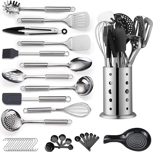 Juego de utensilios de cocina, 39 piezas de acero inoxidable, espátula de cuchara con soporte de utensilios de acero inoxidable resistente, apto