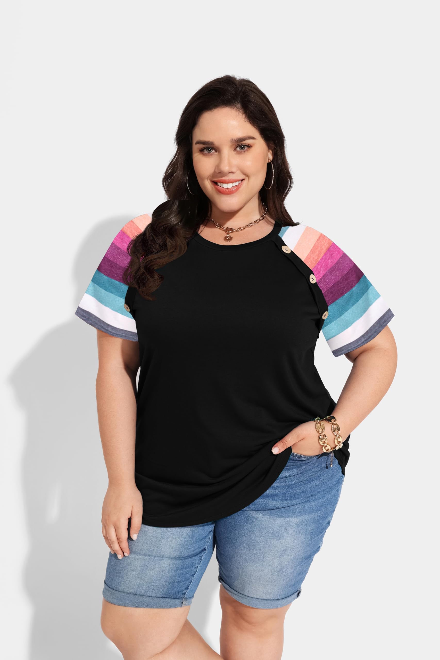 RITERA Hauts de grande taille pour femmes à manches courtes et col en V solides amples côtelés t-shirts décontractés tunique d'été tie dye chemisier XL-5XL