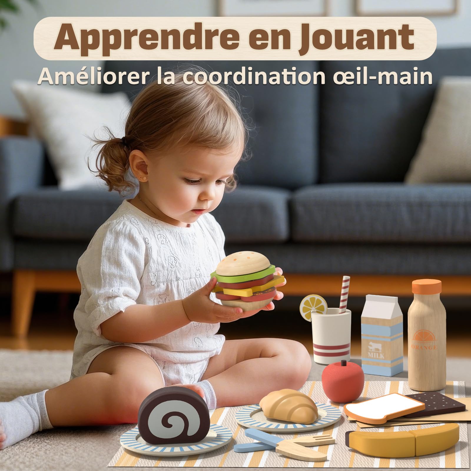 Lehoo Castle Cuisine en Bois Enfant, Jouets de Pique-Nique en Bois Apportez des Dessert, Dinette Enfant avec Sac de Rangement, Jouets en Bois Paques Cadeau Enfant Fille Garcon 3+ Ans