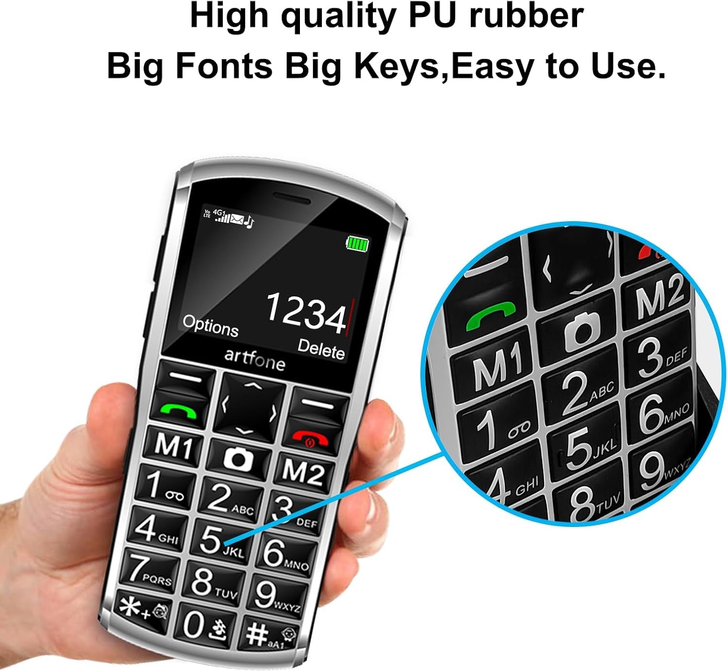 artfone A400 Argento - 4G Telefono Cellulare per Anziani con Tasti Grandi丨Funzione SOS丨Chiamata Rapida丨Volume Alto丨Base di Ricarica丨Funzione di orario丨Doppia SIM丨Fotocamera丨Batteria da 1800 mAh