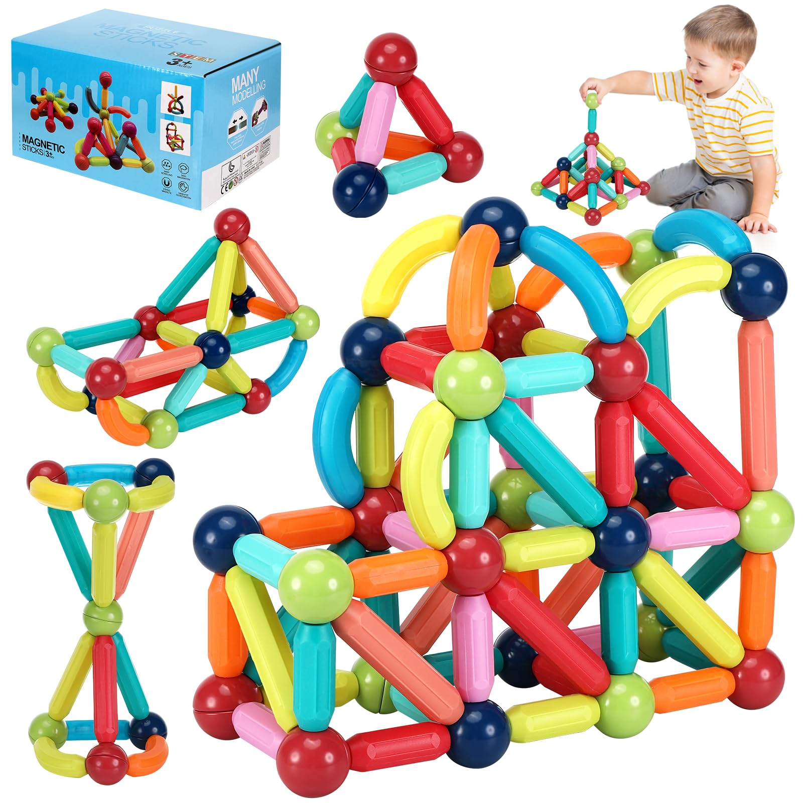 Costruzioni Magnetiche per Bambini, 88 Pezzi blocchi magnetici per bambini, set di costruzioni giocattolo magnetiche, astoncini magnetici da Costruzione, per ragazzi e ragazze di 3 anni in su