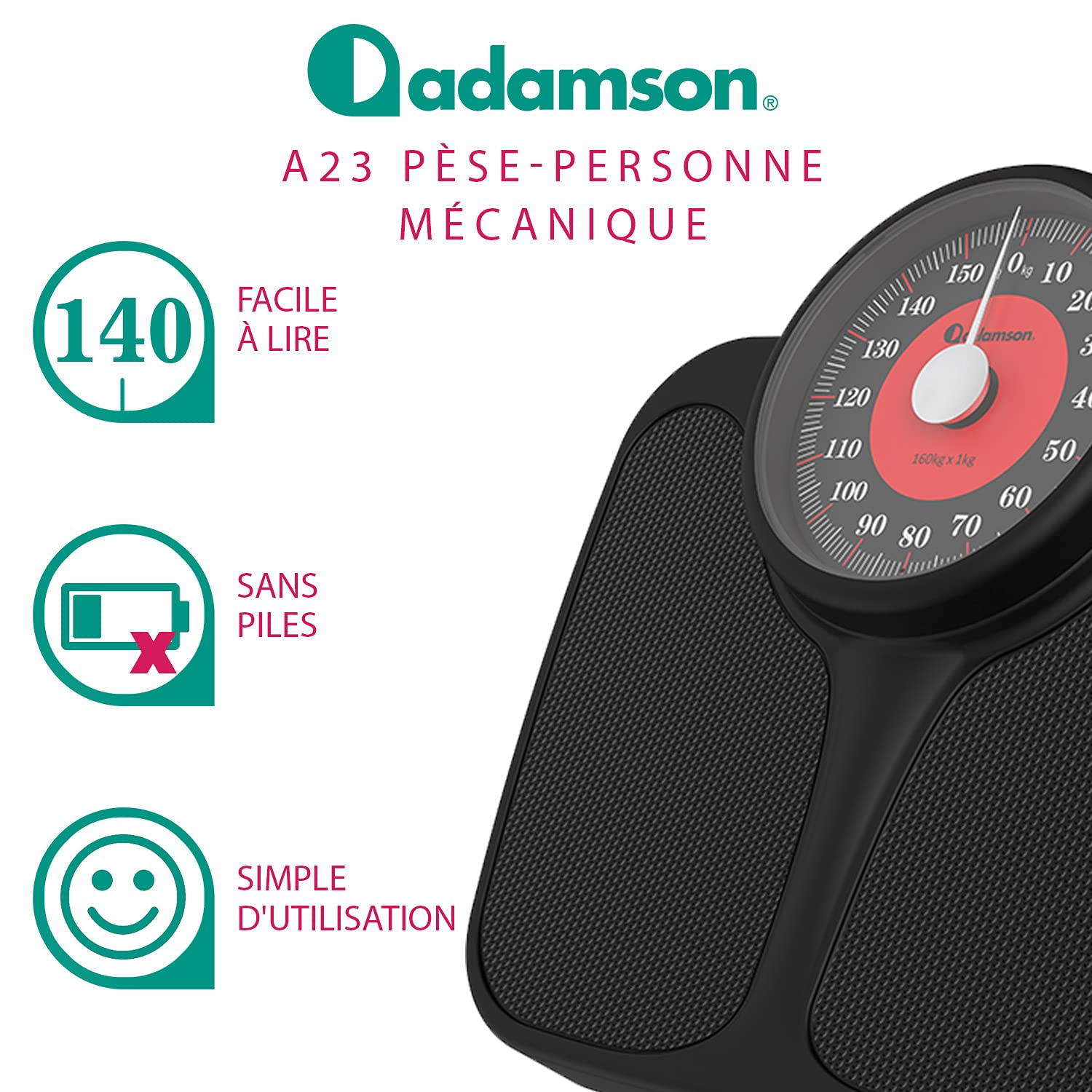 Balance Adamson A23 - Pèse-personne Analogique - Jusqu'à 160 Kg - Grand Plateau XL