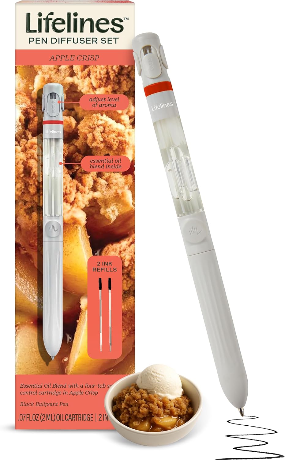 lifelines pen diffuser set, apple crisp - 1mm black ballpoint pen with scented essential oil blend & 2 ink refills – aromatherapy diffuser & sensory immersion diffuse aroma as you write apple crisp 1 pack