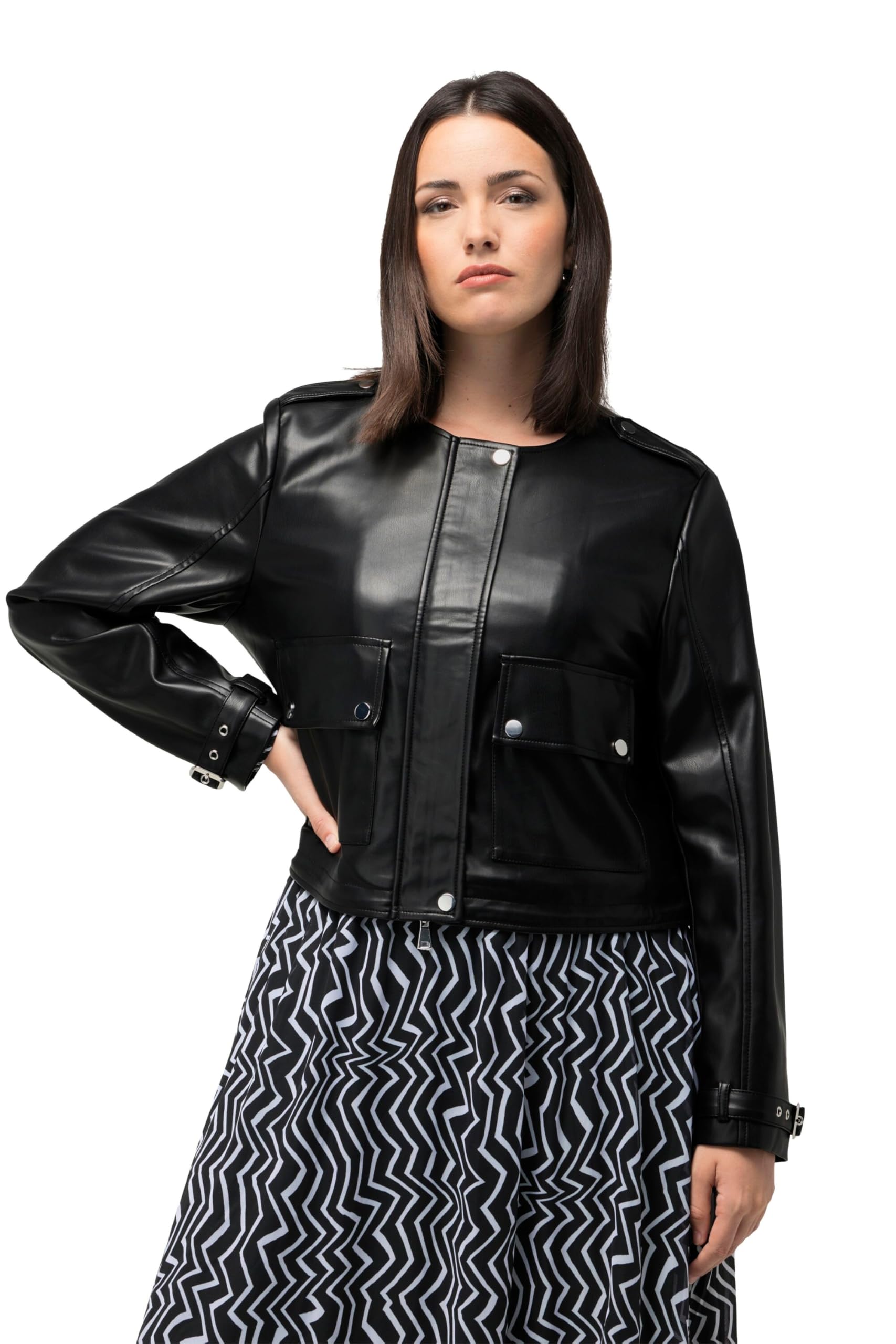 Ulla Popken Damen große Größen Übergrößen Plus Size Jacke, Lederoptik, 2-Wege-Zipper, Schulterklappen 814589