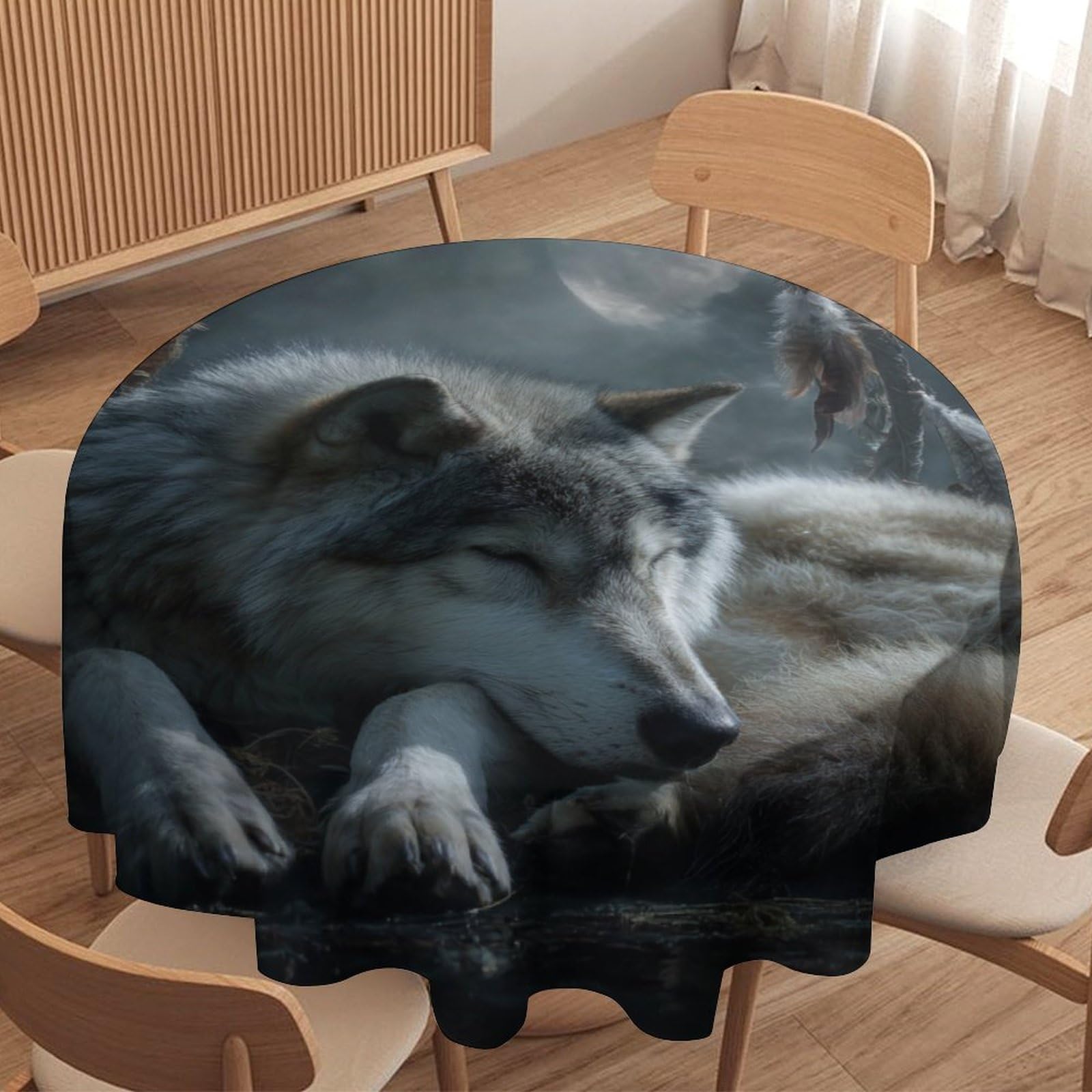 LUYYSKY Rustic Aesthetic Wolf Waterproof Round Tablecloth Colorful Classic Dreamcatcher Animal Wolves Print Washable Table Cover for Kitchen-127 Wx127 L cm