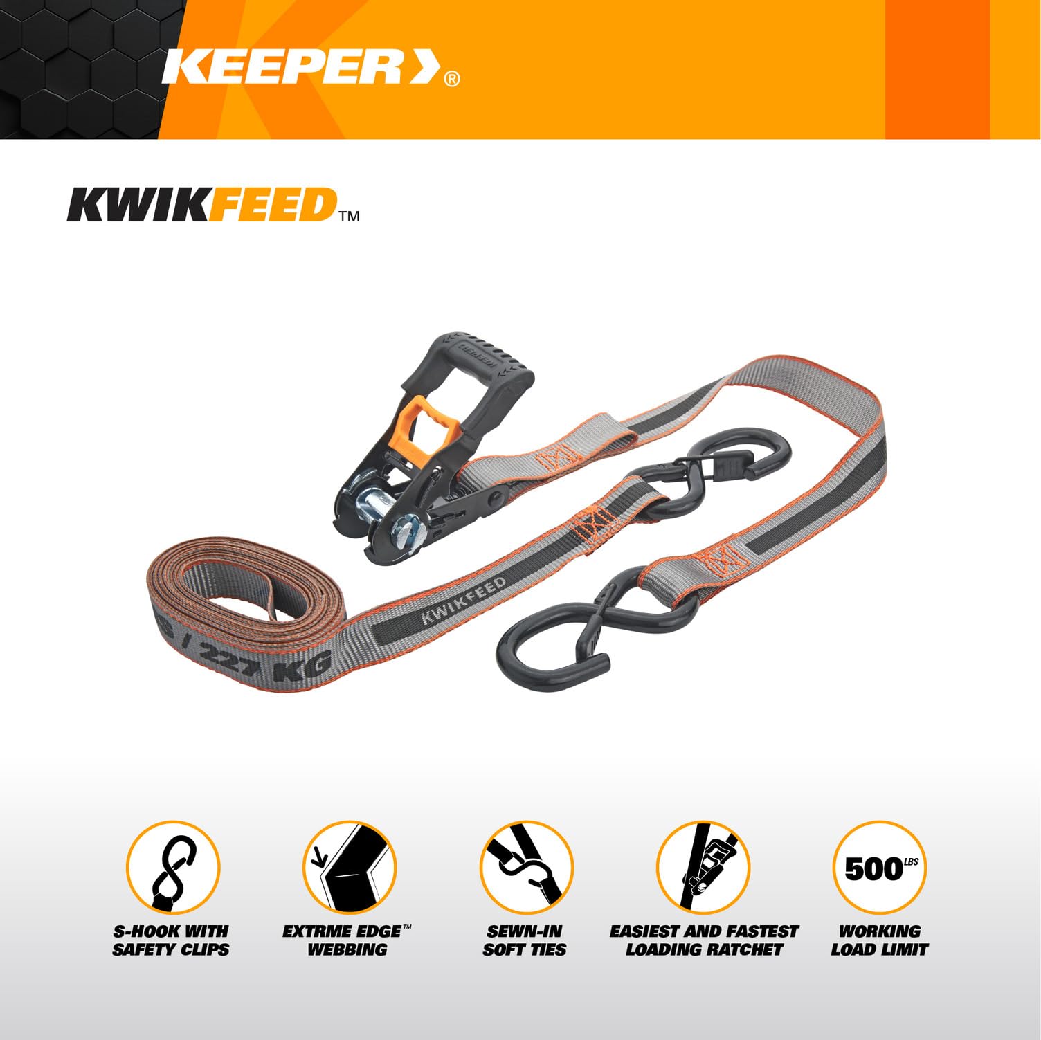 KwikFeed - Cinghie di fissaggio a cricchetto, carico e scarico rapidi, per moto, elettrodomestici, traslochi, carichi, 2,5 cm x 3,5 m, 226,8 kg WLL, fettuccia rinforzata, confezione da 2