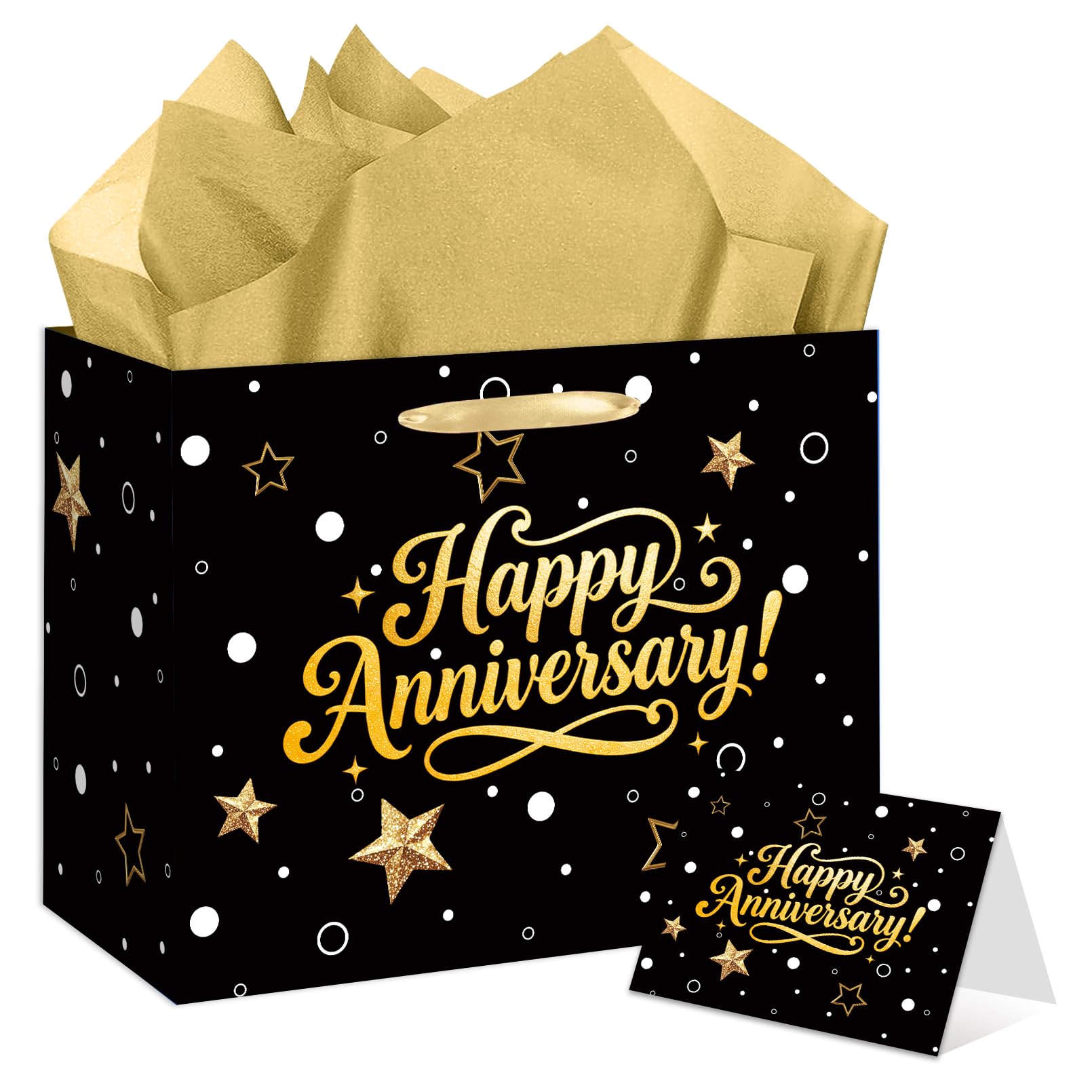 Black Gold Happy Anniversary Party Gift Bag - Large Wedding Gift Wrapping Bag with Tissue Paper and Greeting Card, Ideal for Wedding, Parents, 50th Golden Jubilee & Work Anniversary Party Decorations