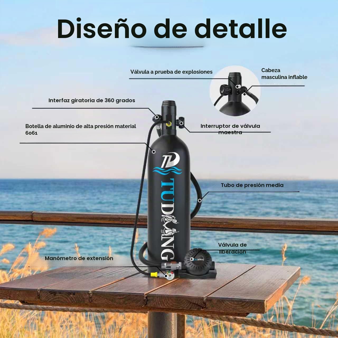 TUDIVING-2L Tanque de Buceo bajo el Agua con 25-30 Minutos de respiración, Cilindro de Buceo portátil, Juego de Snorkel para Buceo
