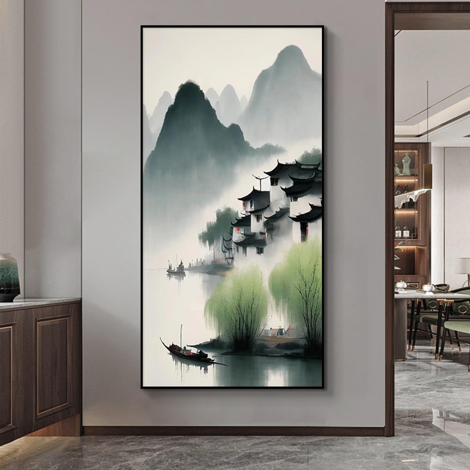 Peinture suspendue sur un canapé en toile paysage d'encre fait main