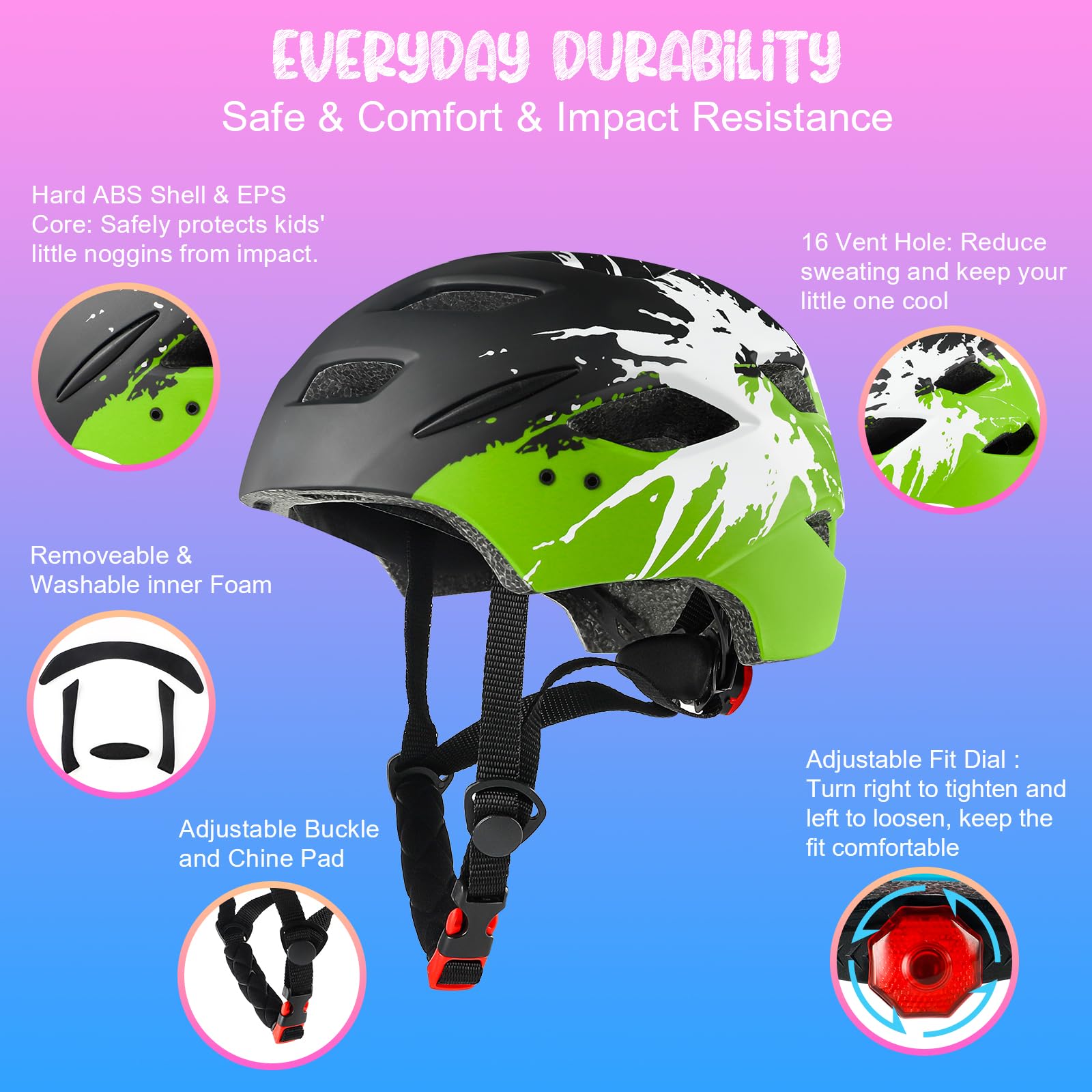 Casco da bici per bambini e bambine dai 3 ai 15 anni, leggero, con fanale posteriore, quadrante regolabile, visiera rimovibile (50-56 cm)