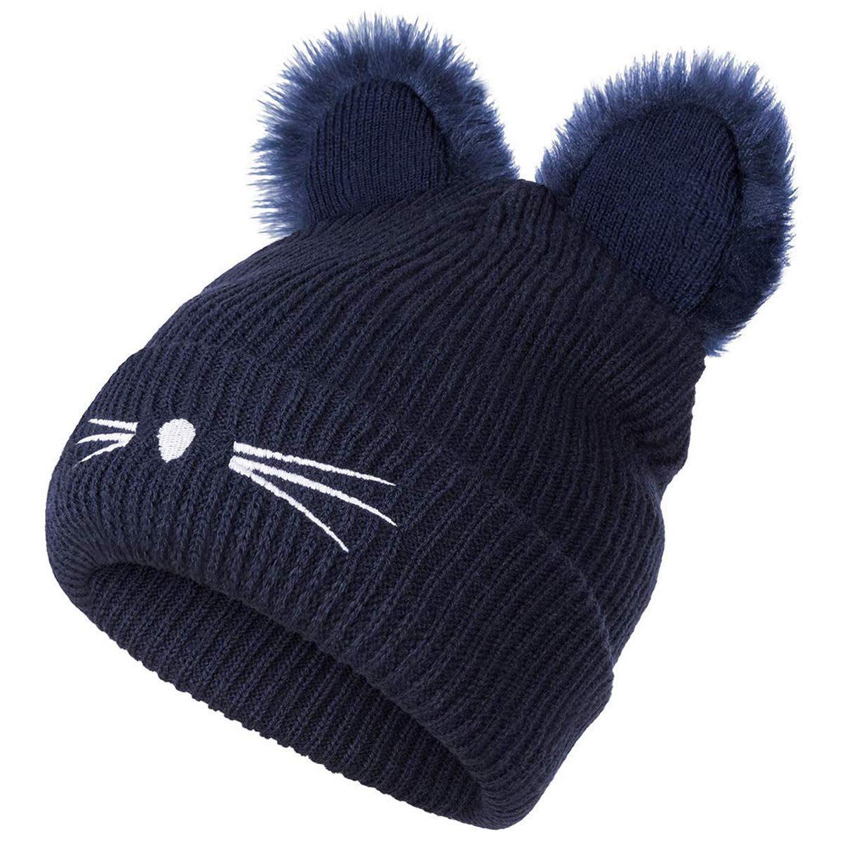 Xrdss Women's Navy Blue Girls Cat Ears Beanie Hat Winter Warm Knitted Ski Hat (Navy Blue)