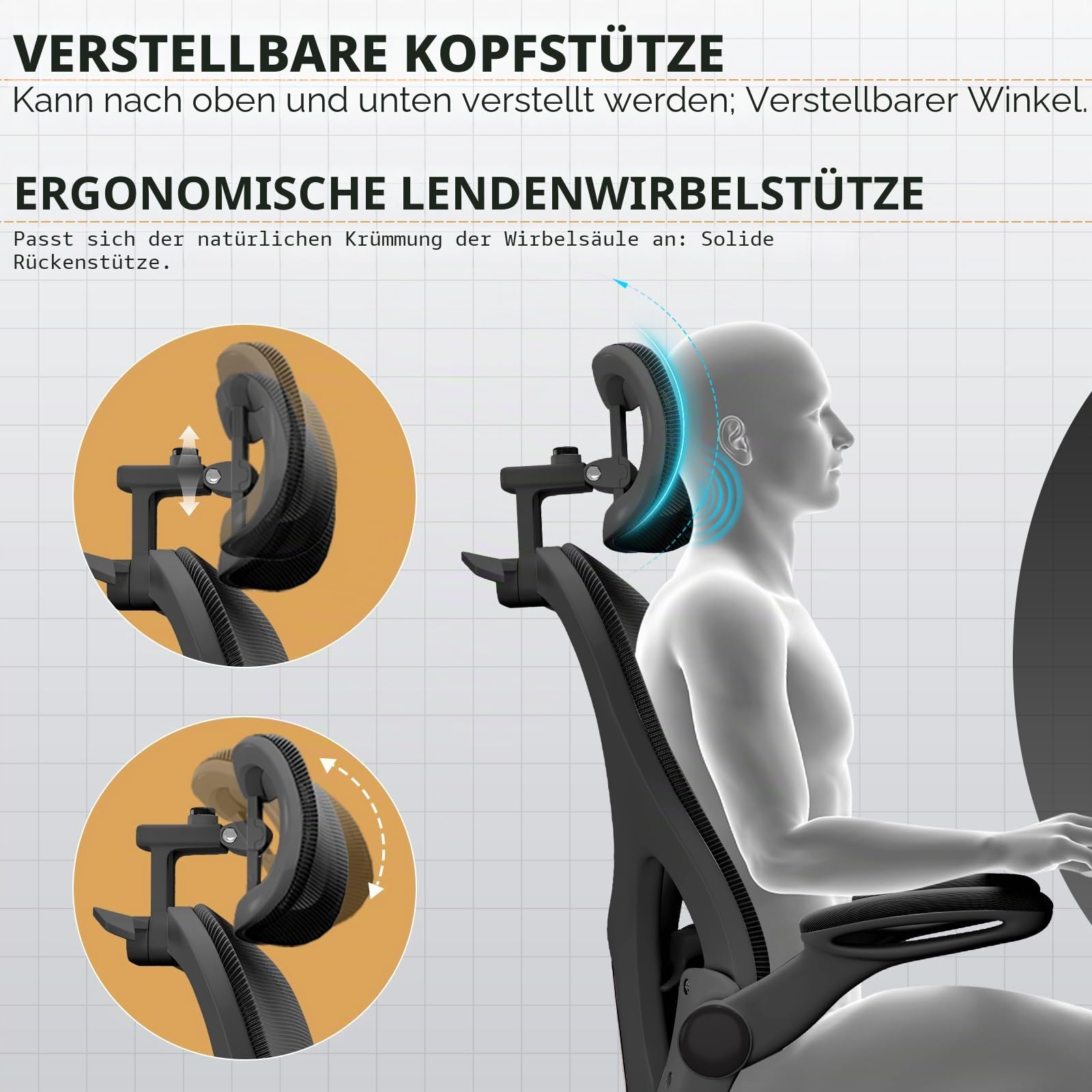 BüRostuhl, Office Chair Mit 90° Hochklappbare Armlehnen und 3D-KopfstüTze, Ergonomischer Netz-BüRostuhl, 10 cm HöHenverstellbar, Weiches 50 X 50 cm Sitzkissen, 360° Drehbar, Schwarz