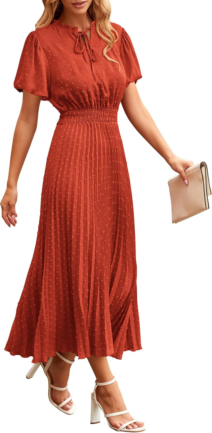 PRETTYGARDEN Womens Summer Midi Dresses Puff Short Sleeve V Neck Swiss Dot Pleated A Line Flowy Long Wedding Guest Dress - (color: Brick Red, size: X-Large)