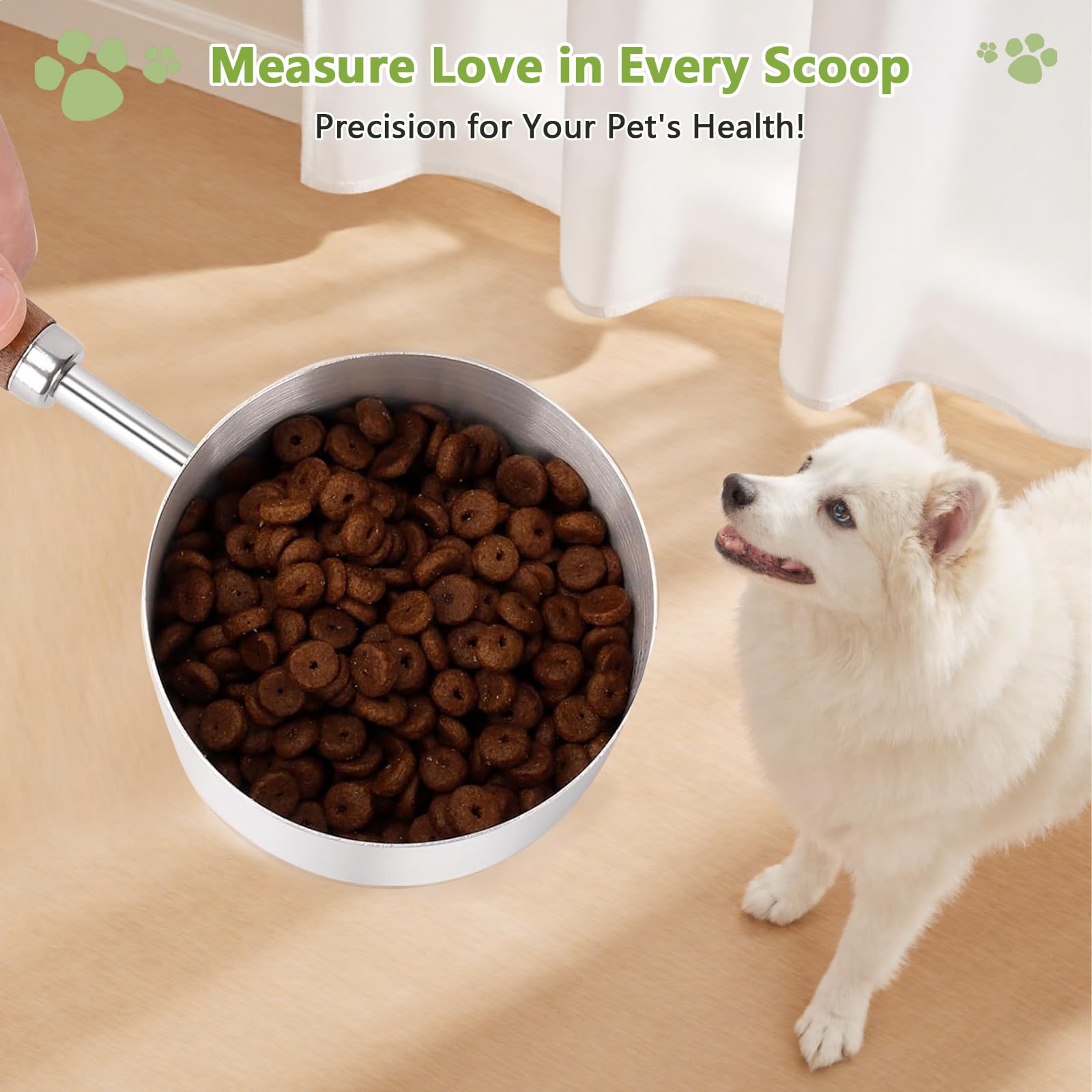 Cuchara de comida para perros y gatos, 1 taza, taza medidora de acero inoxidable 304 con mango largo de madera, cuchara duradera para perros, gatos, conejos, fácil de limpiar con marcas de