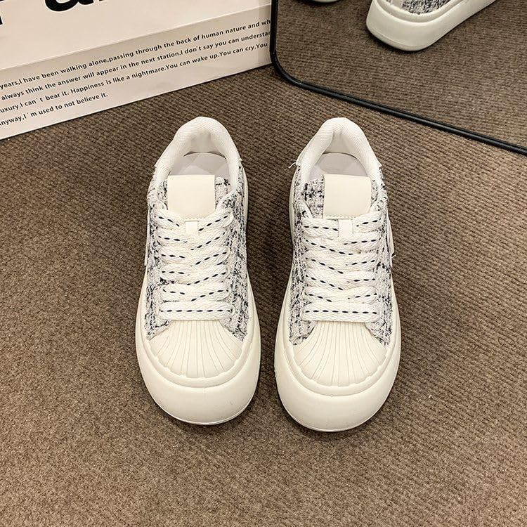 Kawaii Shell Toe Cute Sneakers - Ghost Pattern & Tweed Checkered Chunky Lug Sole Platform Shoes, Comfy White Women & Girls Trainer for Hiking, Beach Travel, Back to School (Y2K Chic, Retro-Modern)3