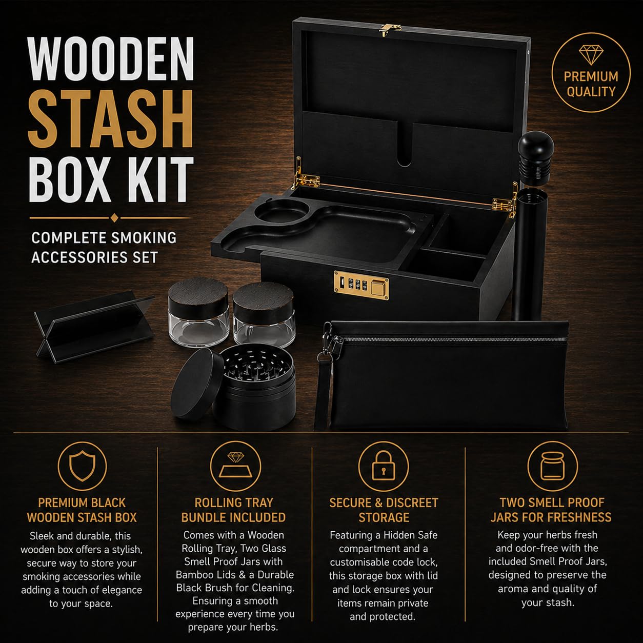 Kit de caja de madera con molinillo, bolsa a prueba de olores, bandeja rodante de madera, tubo, dos recipientes de vidrio y soporte rodante, juego completo de accesorios para fumar