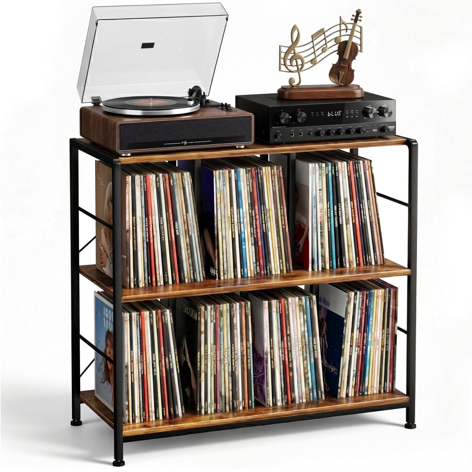 Faesun Record Player Stand with Vinyl Record Storage Holds 300+ Albums, 3 Tier Turntable Stand Table with 5 Metal Dividers, Record Player Table