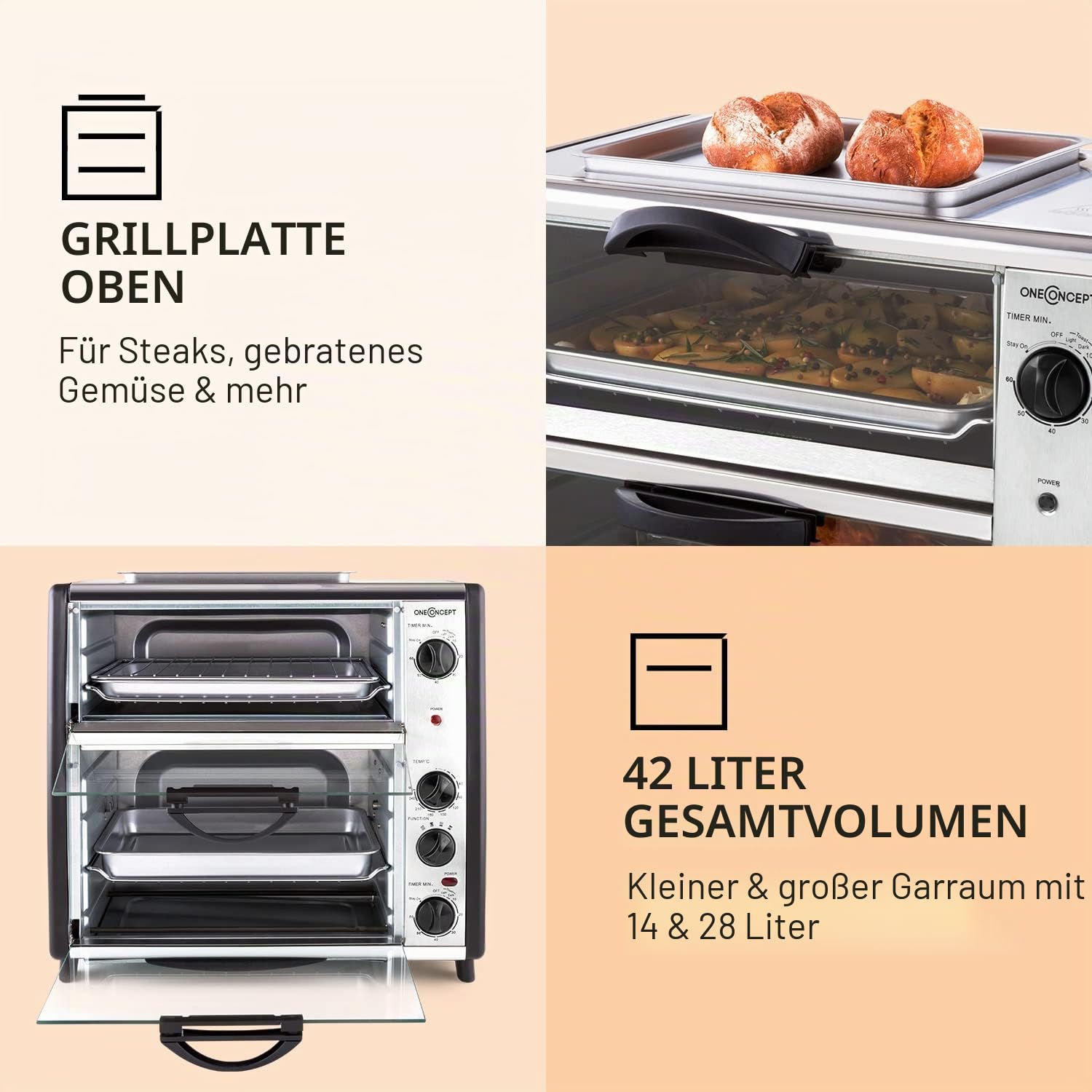 oneConcept All-You-Can-Eat Doppel-Backofen 42L 2400W Edelstahl silber