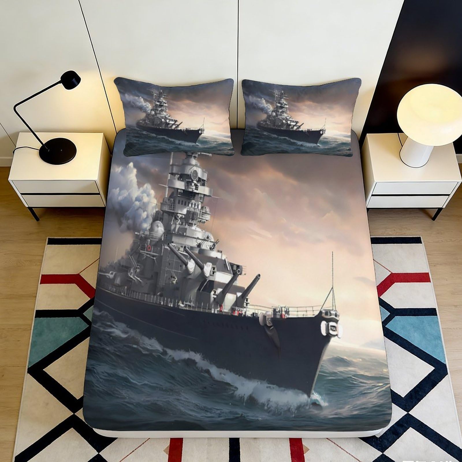 3D Printed Battleship Ocean Fitted Sheet Microfiber Non Slip Warship Mattress Cover for Bedroom Guest Room Decor 90x200x25cm